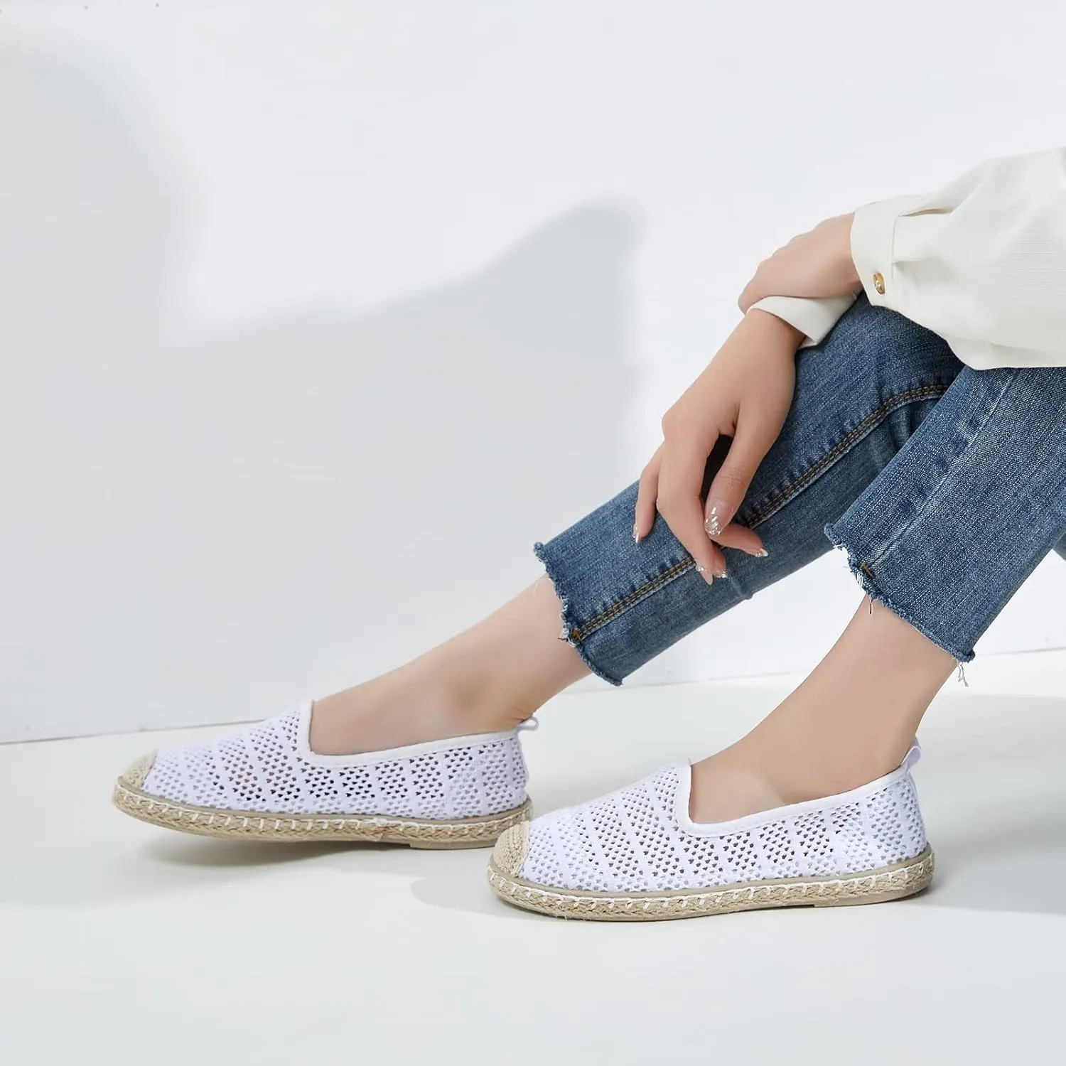 BABUDOG Women's Breathable Mesh Flats Shoes, Soft Loafers Flats, White Slip on Shoes Loafer