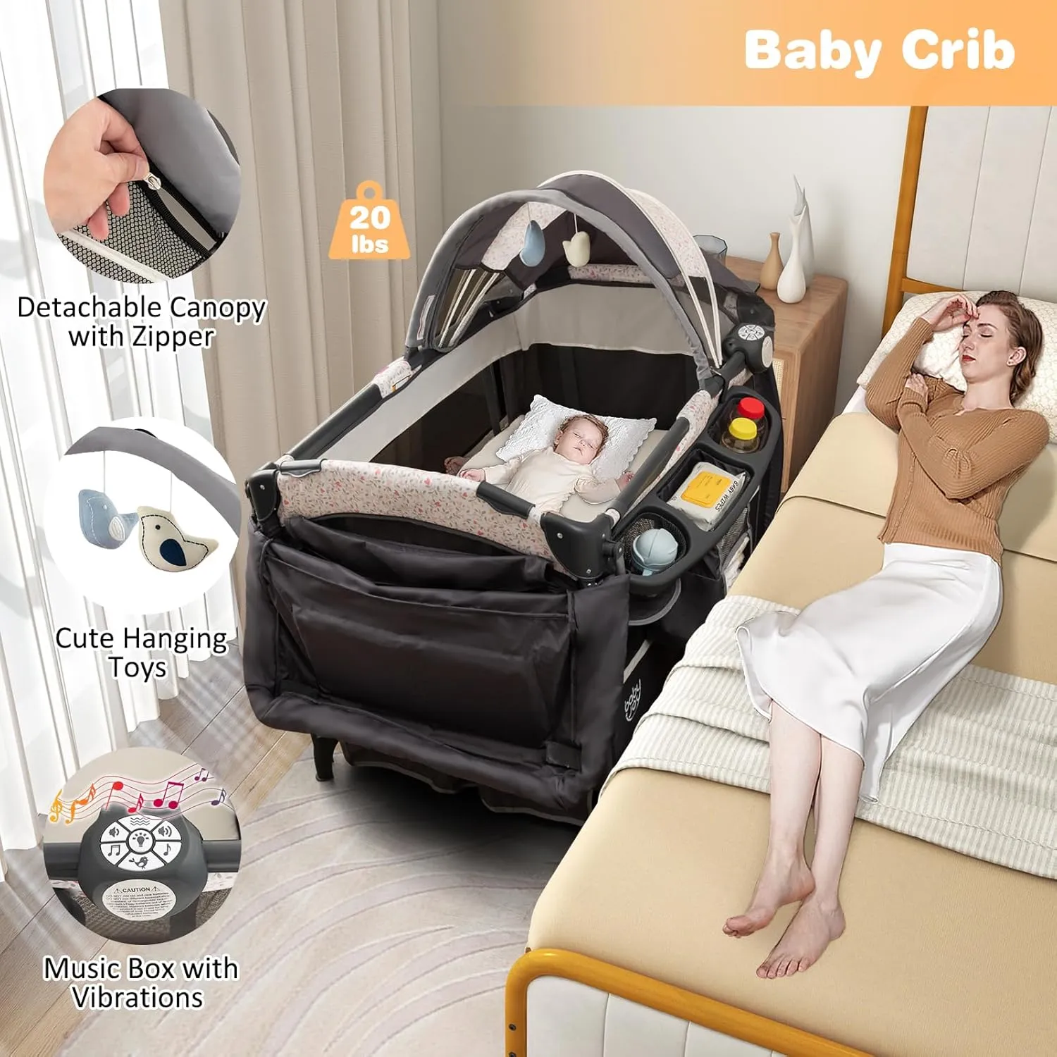 BABY JOY 4 in 1 Pack and Play, Portable Baby Playard with Bassinet & Flip-away Changing Table, Canopy, Infant Bassinet Activity Center with Storage Basket, Oxford Bag from Newborn to Toddlers (Floral)