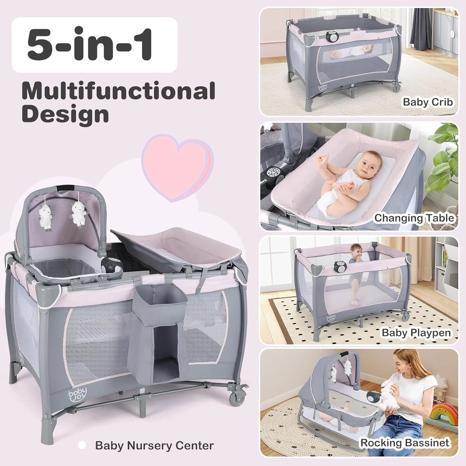 BABY JOY 5 in 1 Pack and Play, Portable Baby Playard w/Bassinet & Diaper Changing Table, Infant Pink Bassinet Crib with Toys & Music & Oxford Bag for Baby Girl Toddlers (Pink   Purple, Starry Sky)
