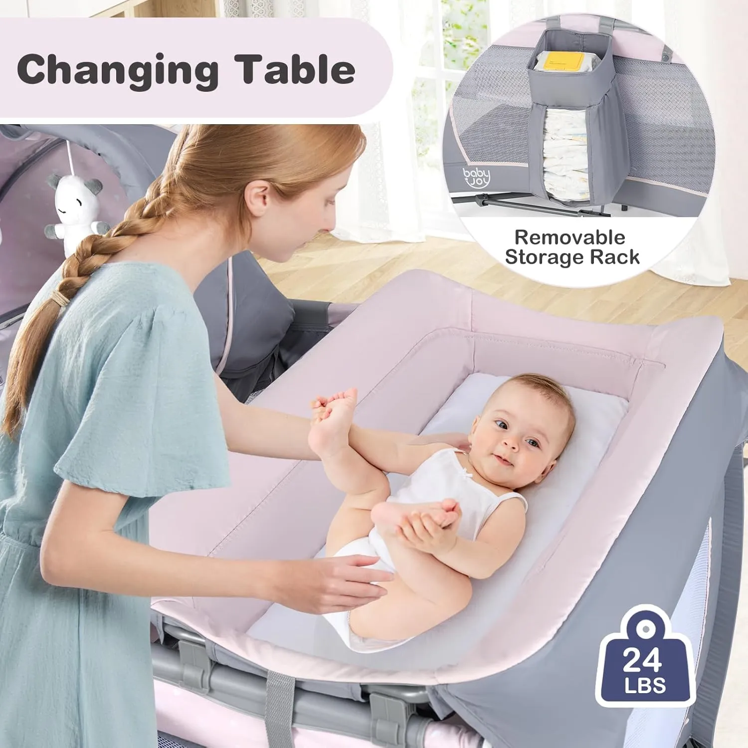 BABY JOY 5 in 1 Pack and Play, Portable Baby Playard w/Bassinet & Diaper Changing Table, Infant Pink Bassinet Crib with Toys & Music & Oxford Bag for Baby Girl Toddlers (Pink   Purple, Starry Sky)
