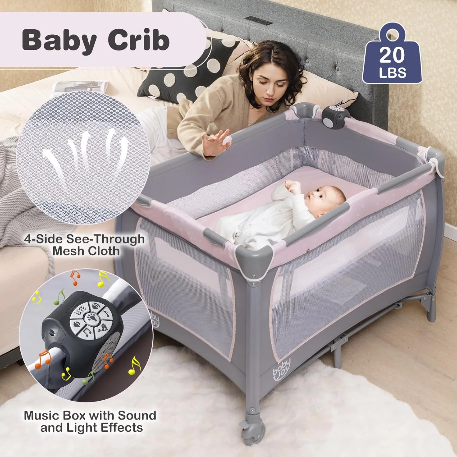BABY JOY 5 in 1 Pack and Play, Portable Baby Playard w/Bassinet & Diaper Changing Table, Infant Pink Bassinet Crib with Toys & Music & Oxford Bag for Baby Girl Toddlers (Pink   Purple, Starry Sky)