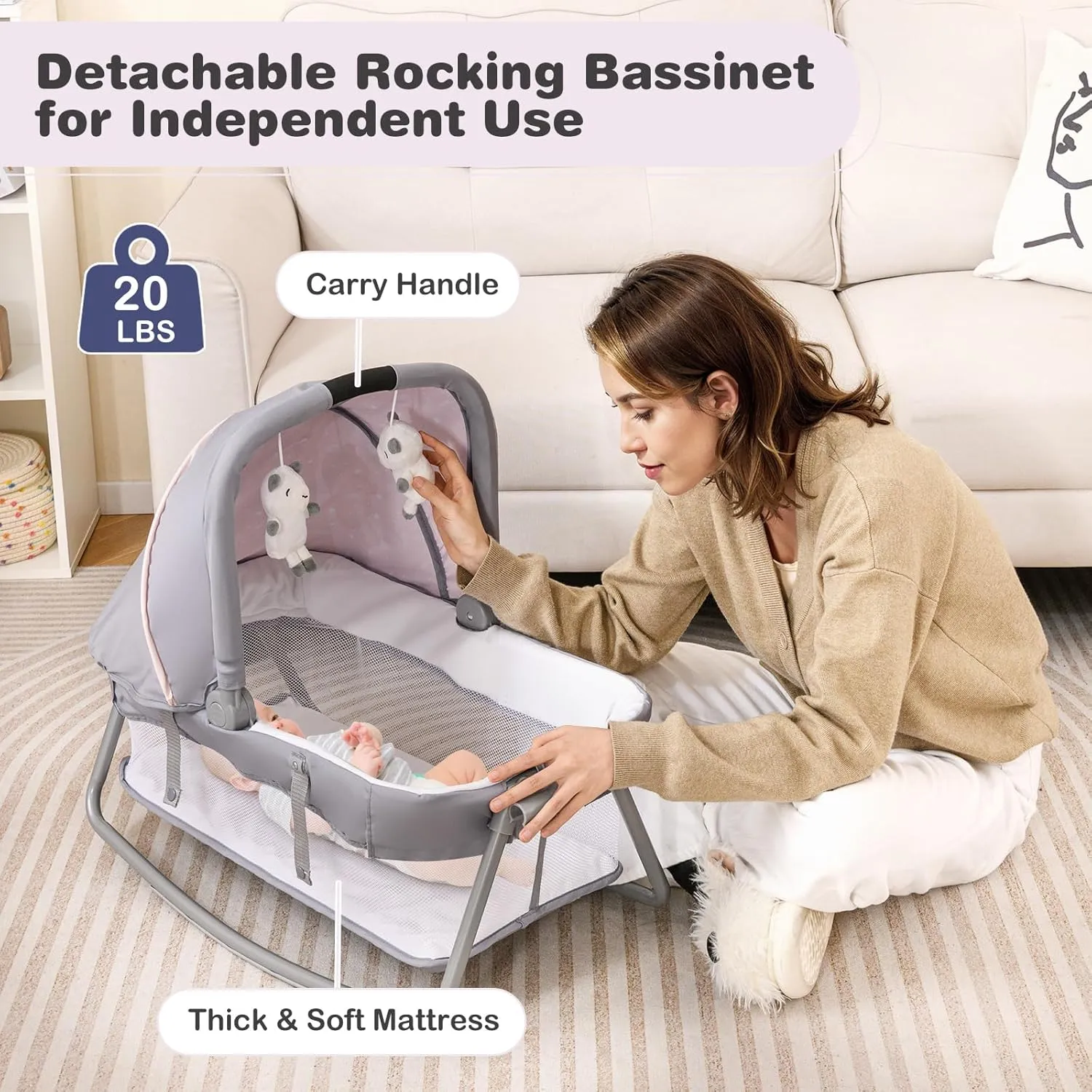 BABY JOY 5 in 1 Pack and Play, Portable Baby Playard w/Bassinet & Diaper Changing Table, Infant Pink Bassinet Crib with Toys & Music & Oxford Bag for Baby Girl Toddlers (Pink   Purple, Starry Sky)