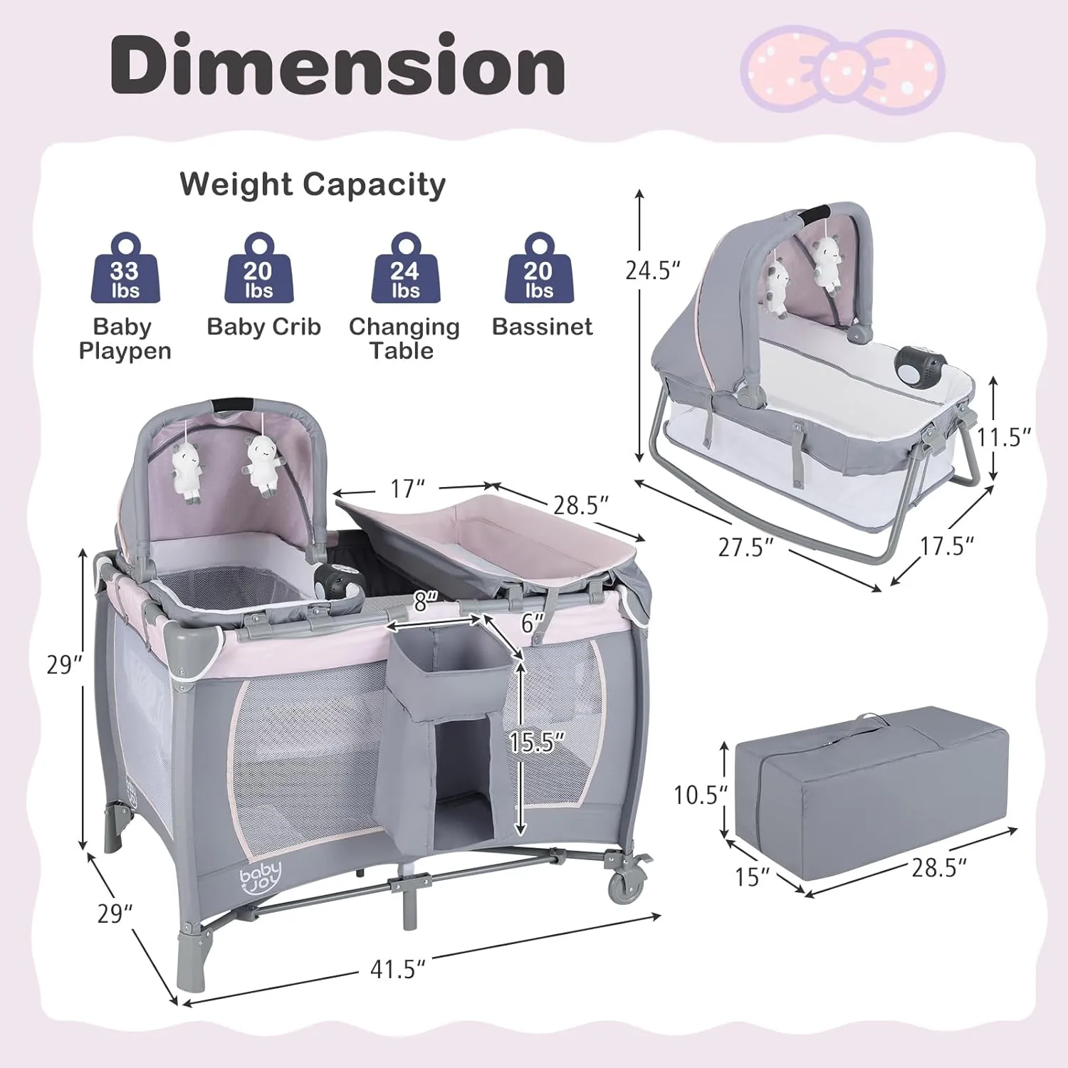BABY JOY 5 in 1 Pack and Play, Portable Baby Playard w/Bassinet & Diaper Changing Table, Infant Pink Bassinet Crib with Toys & Music & Oxford Bag for Baby Girl Toddlers (Pink   Purple, Starry Sky)