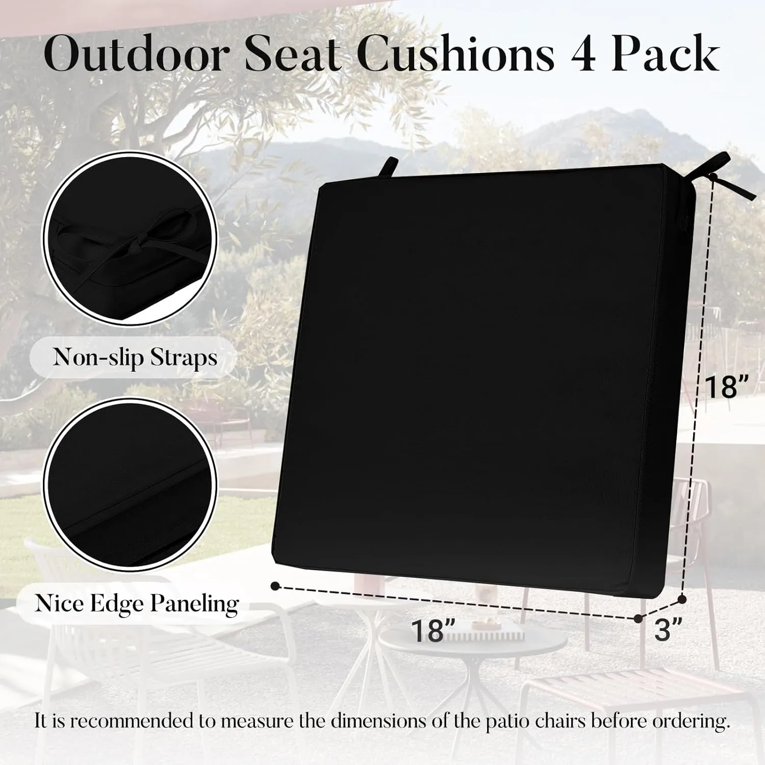 Basic Beyond Outdoor Chair Cushions for Patio Furniture, Waterproof Outdoor Seat Cushions Set of 4 18 x 18, Patio Chair Cushions Set of 4 with Ties and Handle, Black