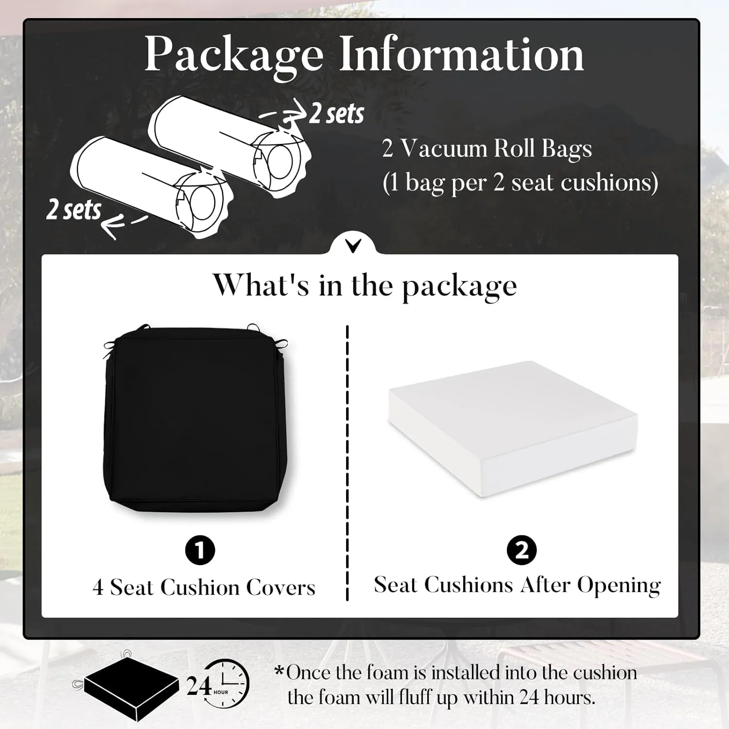 Basic Beyond Outdoor Chair Cushions for Patio Furniture, Waterproof Outdoor Seat Cushions Set of 4 18 x 18, Patio Chair Cushions Set of 4 with Ties and Handle, Black
