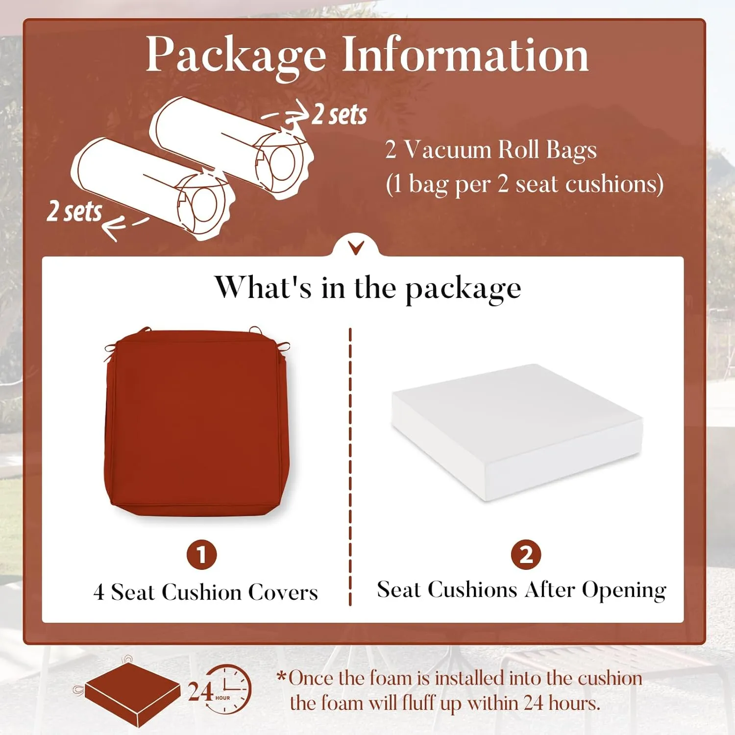 Basic Beyond Outdoor Chair Cushions for Patio Furniture, Waterproof Outdoor Seat Cushions Set of 4 18 x 18, Patio Chair Cushions Set of 4 with Ties and Handle, Brick Red