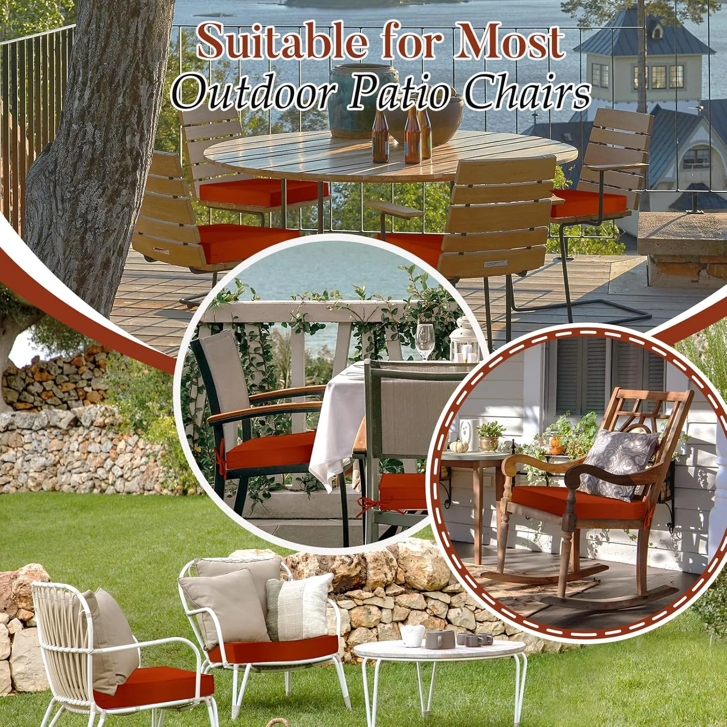 Basic Beyond Outdoor Chair Cushions for Patio Furniture, Waterproof Outdoor Seat Cushions Set of 4 18 x 18, Patio Chair Cushions Set of 4 with Ties and Handle, Brick Red
