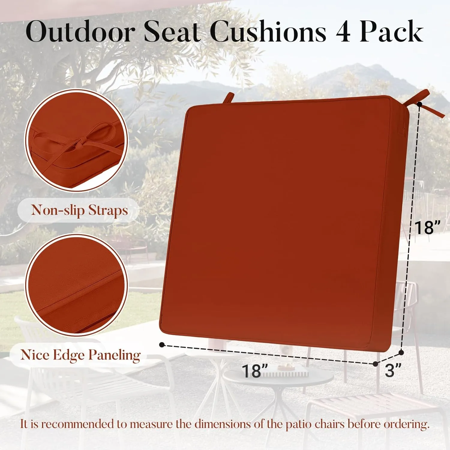 Basic Beyond Outdoor Chair Cushions for Patio Furniture, Waterproof Outdoor Seat Cushions Set of 4 18 x 18, Patio Chair Cushions Set of 4 with Ties and Handle, Brick Red