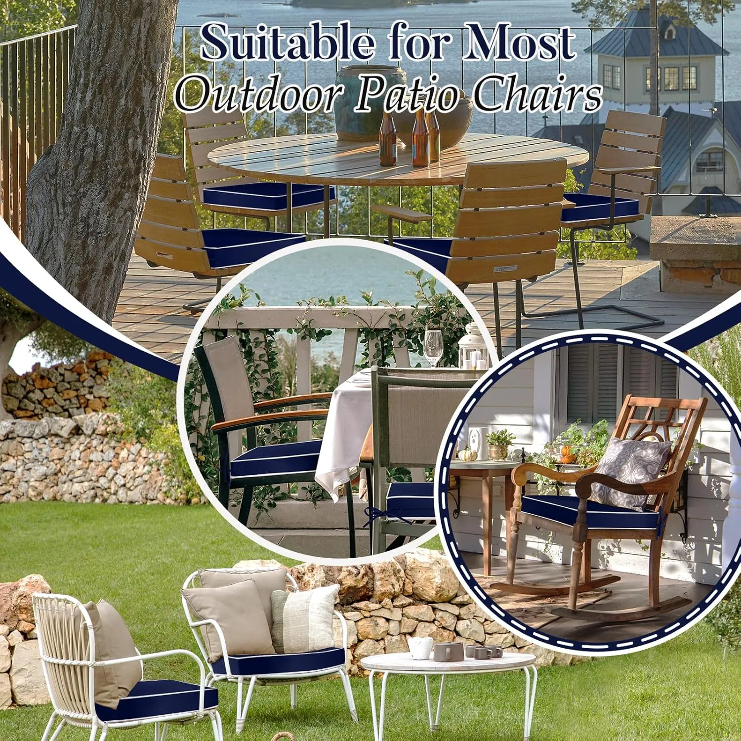 Basic Beyond Outdoor Chair Cushions for Patio Furniture, Waterproof Outdoor Seat Cushions Set of 4 19 x 19, Patio Chair Cushions Set of 4 with Ties and Handle, Navy Blue/White