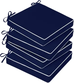 Basic Beyond Outdoor Chair Cushions for Patio Furniture, Waterproof Outdoor Seat Cushions Set of 4 19 x 19, Patio Chair Cushions Set of 4 with Ties and Handle, Navy Blue/White
