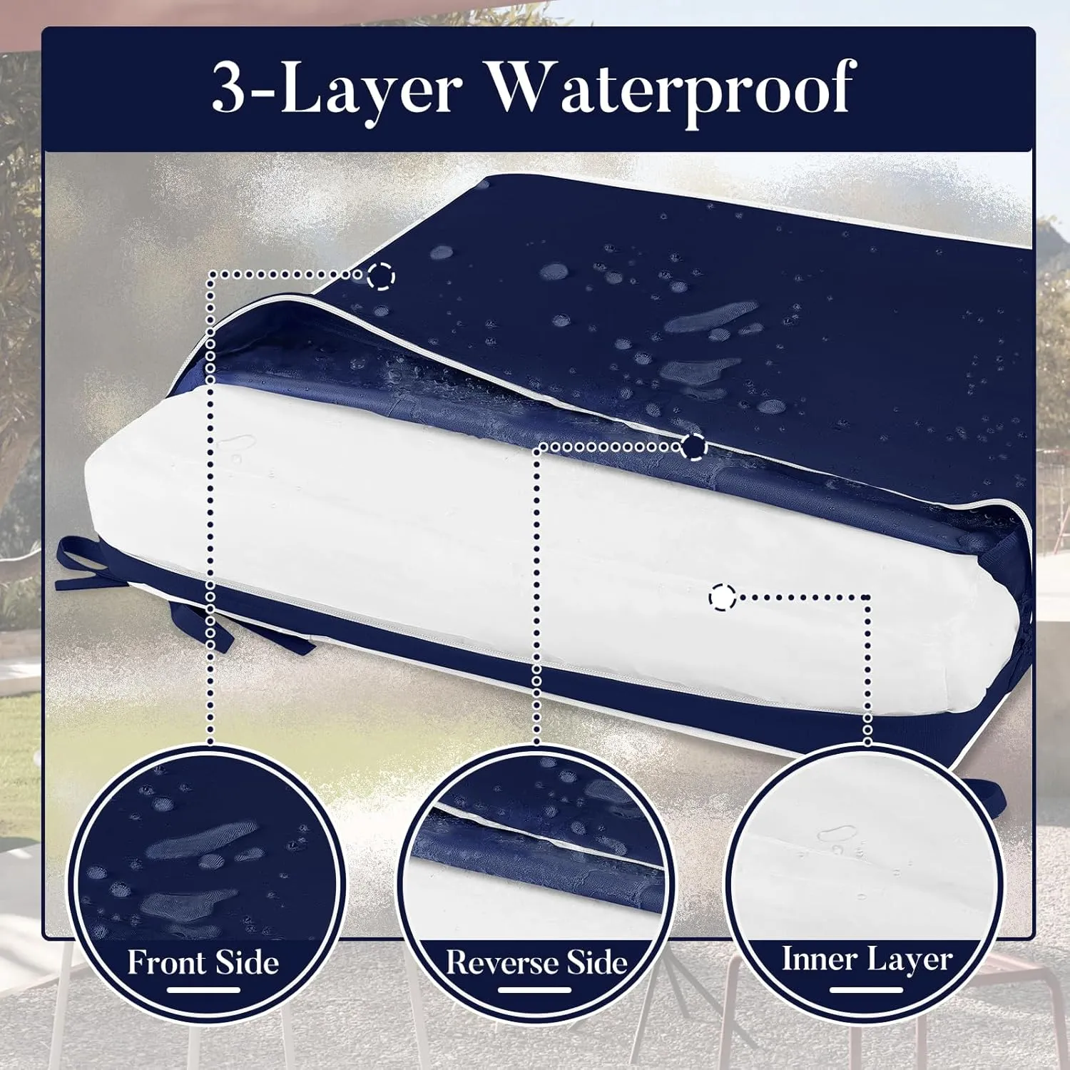 Basic Beyond Outdoor Chair Cushions for Patio Furniture, Waterproof Outdoor Seat Cushions Set of 4 19 x 19, Patio Chair Cushions Set of 4 with Ties and Handle, Navy Blue/White