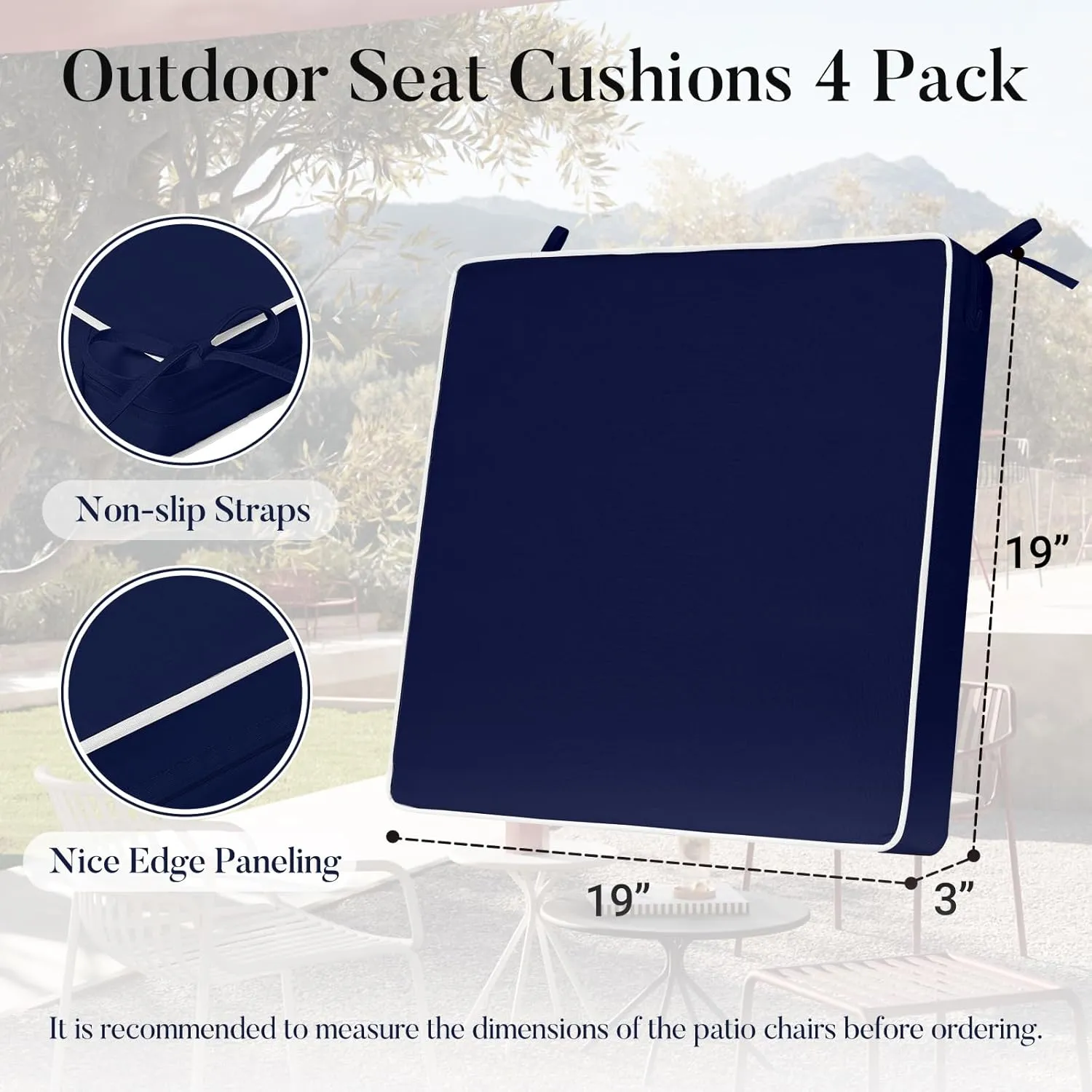 Basic Beyond Outdoor Chair Cushions for Patio Furniture, Waterproof Outdoor Seat Cushions Set of 4 19 x 19, Patio Chair Cushions Set of 4 with Ties and Handle, Navy Blue/White