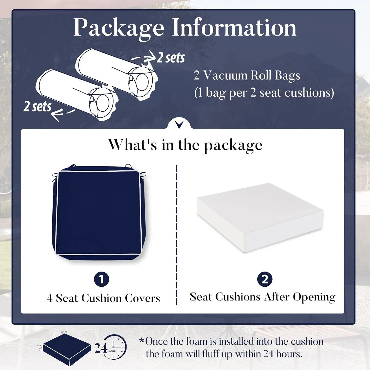 Basic Beyond Outdoor Chair Cushions for Patio Furniture, Waterproof Outdoor Seat Cushions Set of 4 19 x 19, Patio Chair Cushions Set of 4 with Ties and Handle, Navy Blue/White