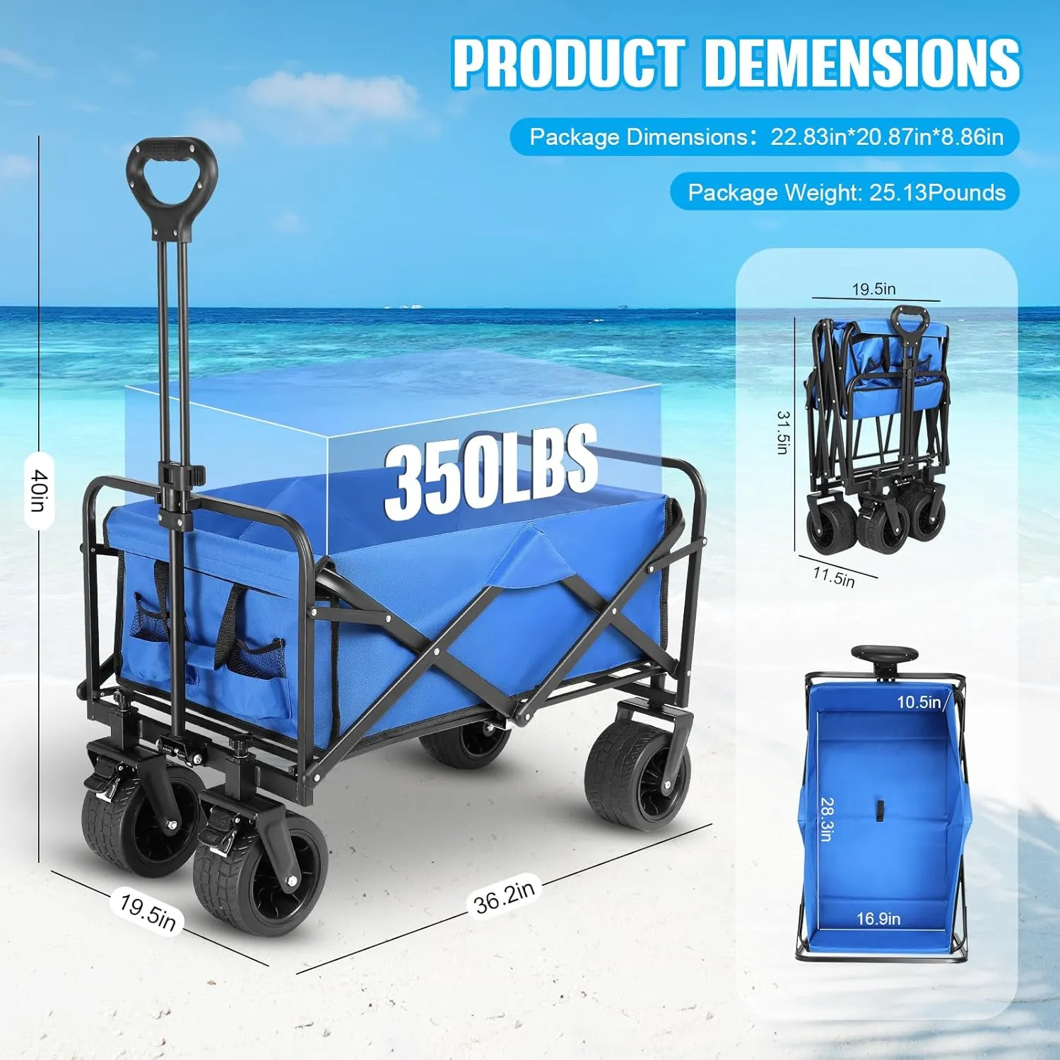 Beach Wagon,Collapsible Foldable Wagon Cart with Big Wheels,Utility Folding Grocery Lounge All Terrain Wagon with Side Pocket and Brakes for Sand Camping Sports Outdoor(Blue).