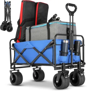 Beach Wagon,Collapsible Foldable Wagon Cart with Big Wheels,Utility Folding Grocery Lounge All Terrain Wagon with Side Pocket and Brakes for Sand Camping Sports Outdoor(Blue).