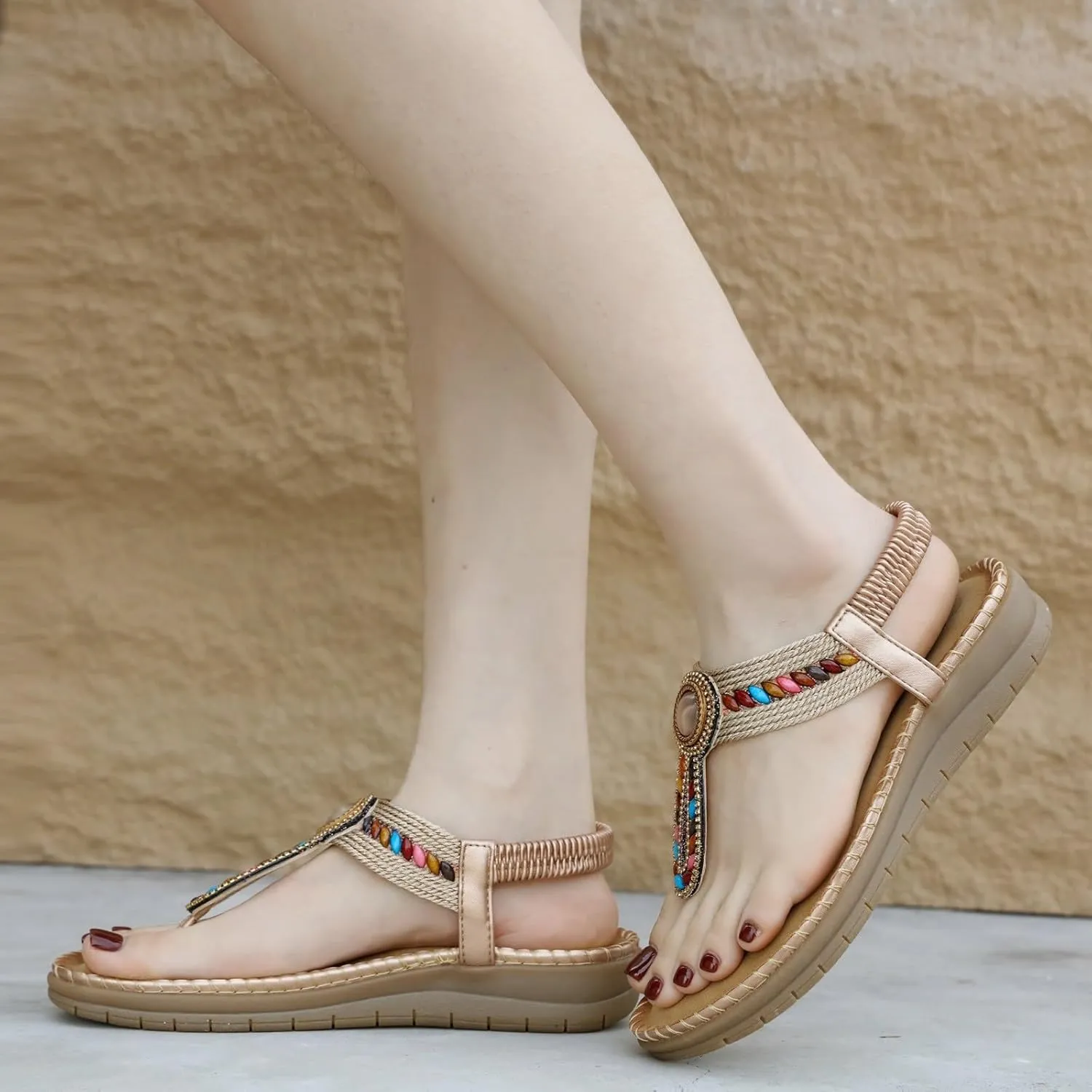 Boho Sandals for Women Dressy Flat with Bohemian Beaded Comfortable Casual Summer Slip On Ankle Elastic Thong Shoes