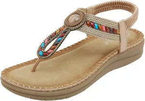 Boho Sandals for Women Dressy Flat with Bohemian Beaded Comfortable Casual Summer Slip On Ankle Elastic Thong Shoes
