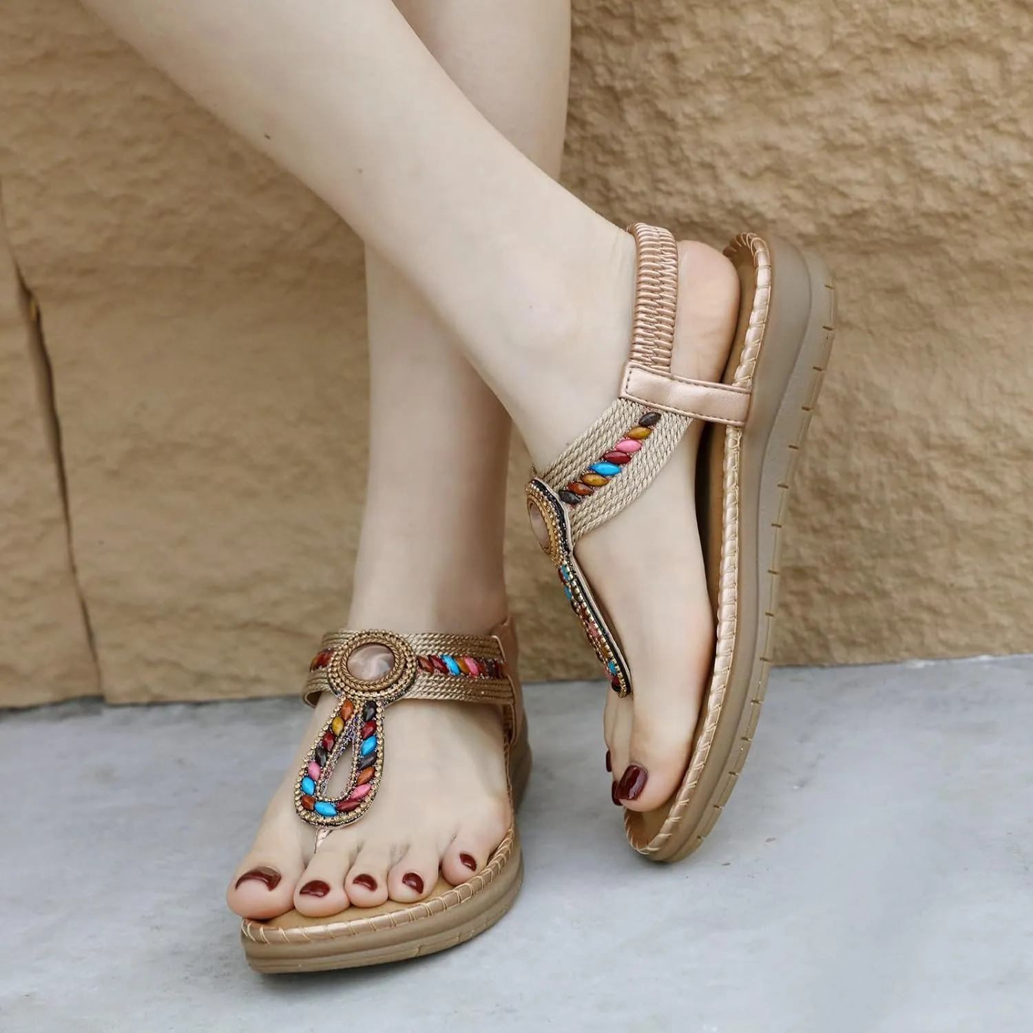 Boho Sandals for Women Dressy Flat with Bohemian Beaded Comfortable Casual Summer Slip On Ankle Elastic Thong Shoes