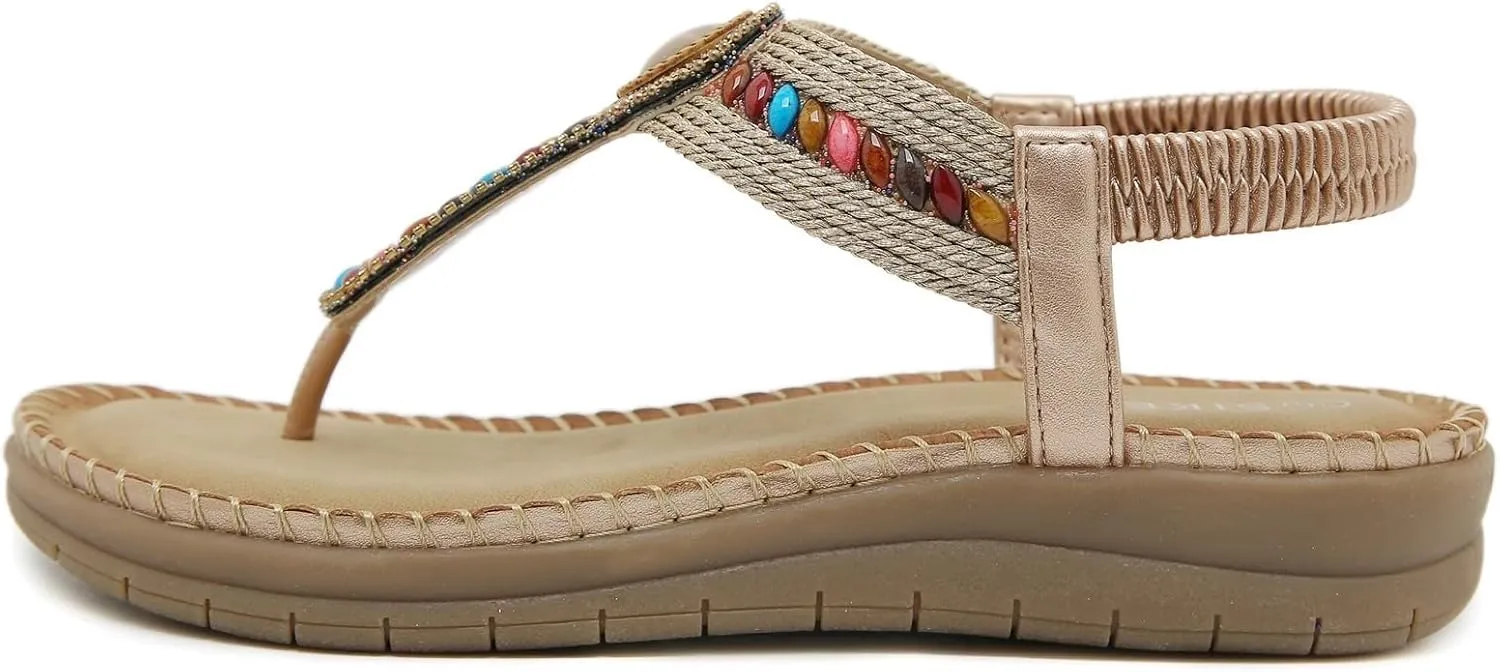 Boho Sandals for Women Dressy Flat with Bohemian Beaded Comfortable Casual Summer Slip On Ankle Elastic Thong Shoes