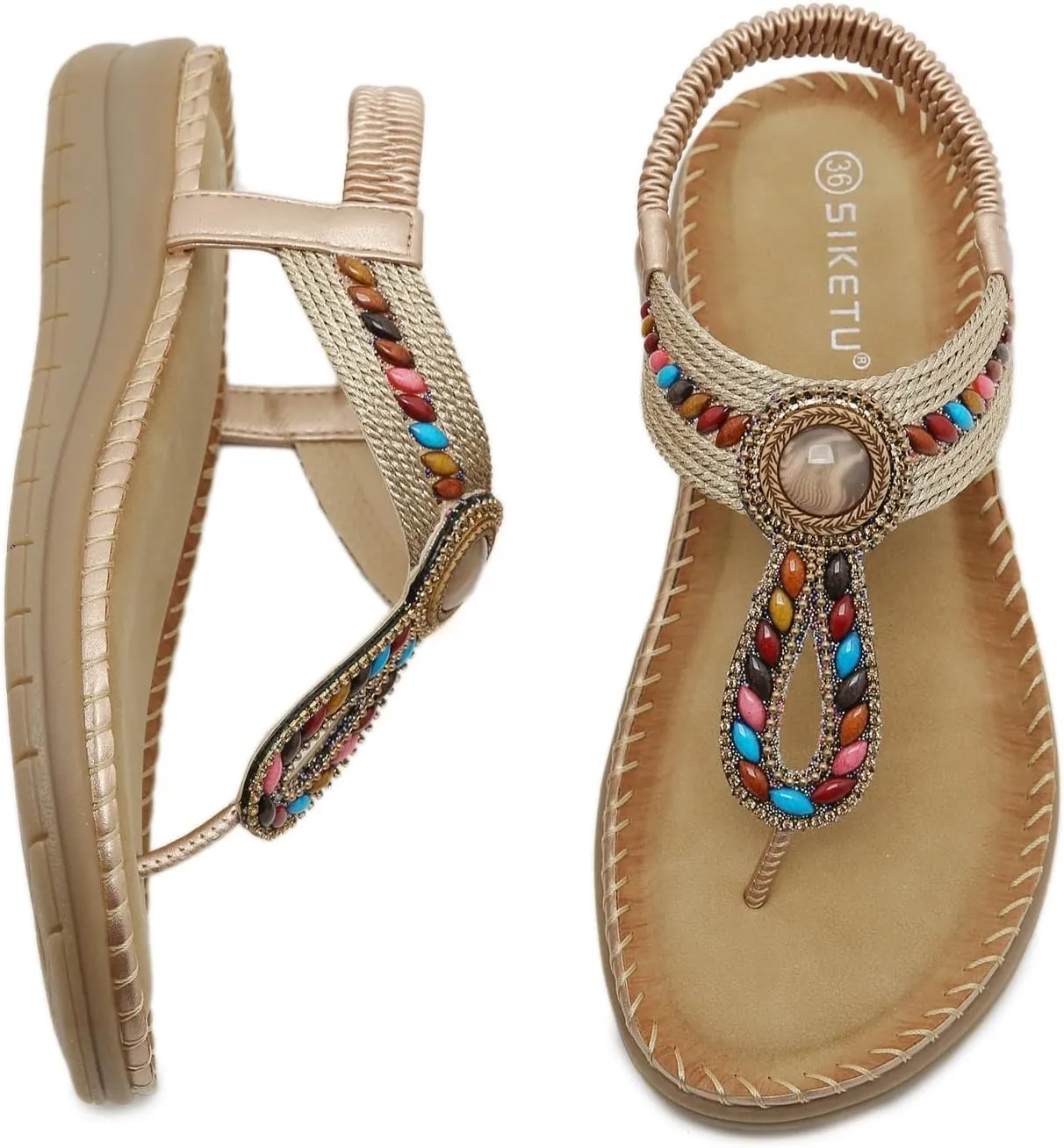 Boho Sandals for Women Dressy Flat with Bohemian Beaded Comfortable Casual Summer Slip On Ankle Elastic Thong Shoes