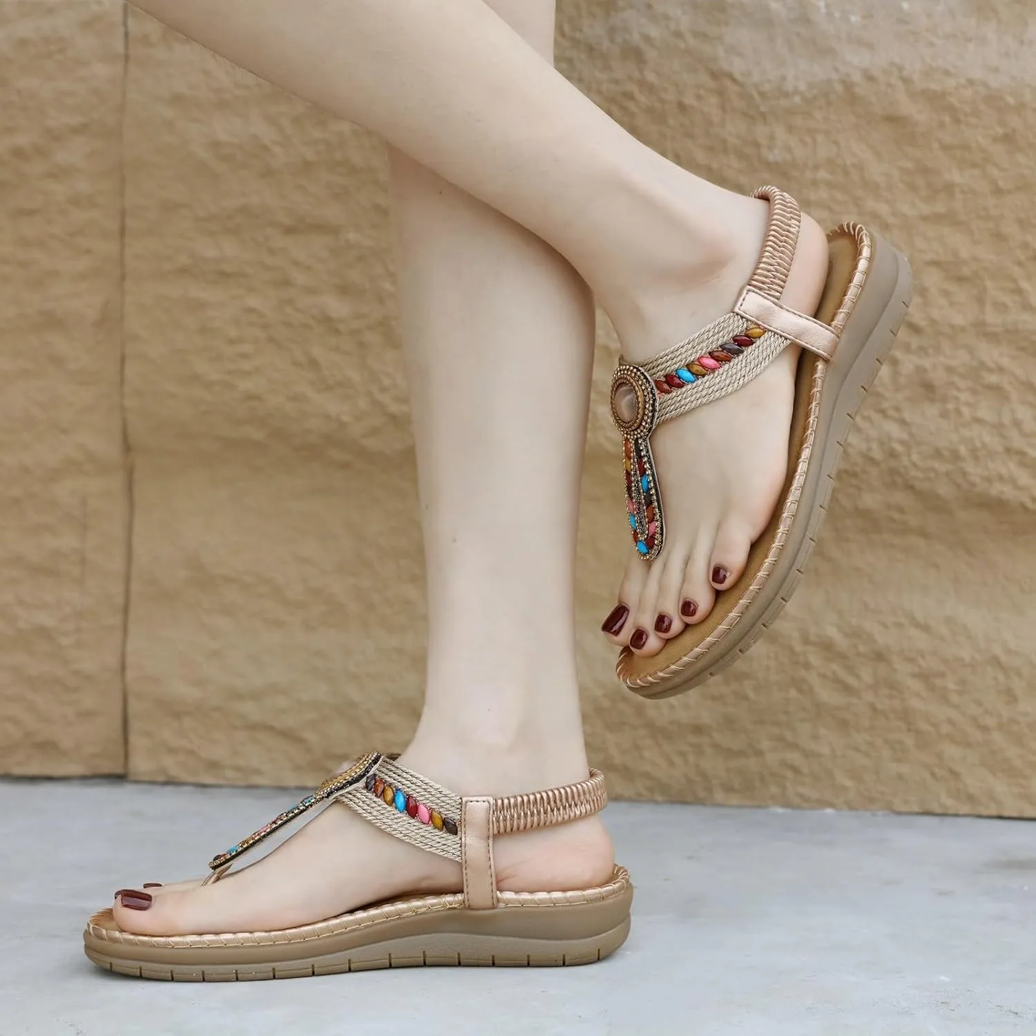Boho Sandals for Women Dressy Flat with Bohemian Beaded Comfortable Casual Summer Slip On Ankle Elastic Thong Shoes