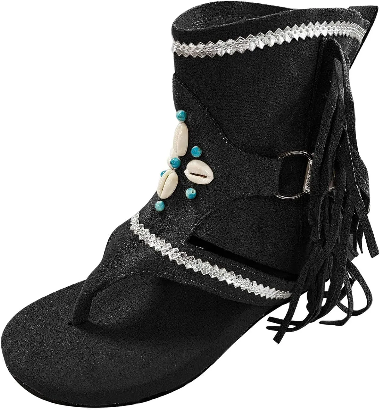 Boho Sandals for Women Flat Vintage Fringe Tassel Clip Toe Flip Flops Beaded Beach Shoes Ladies Casual Boots