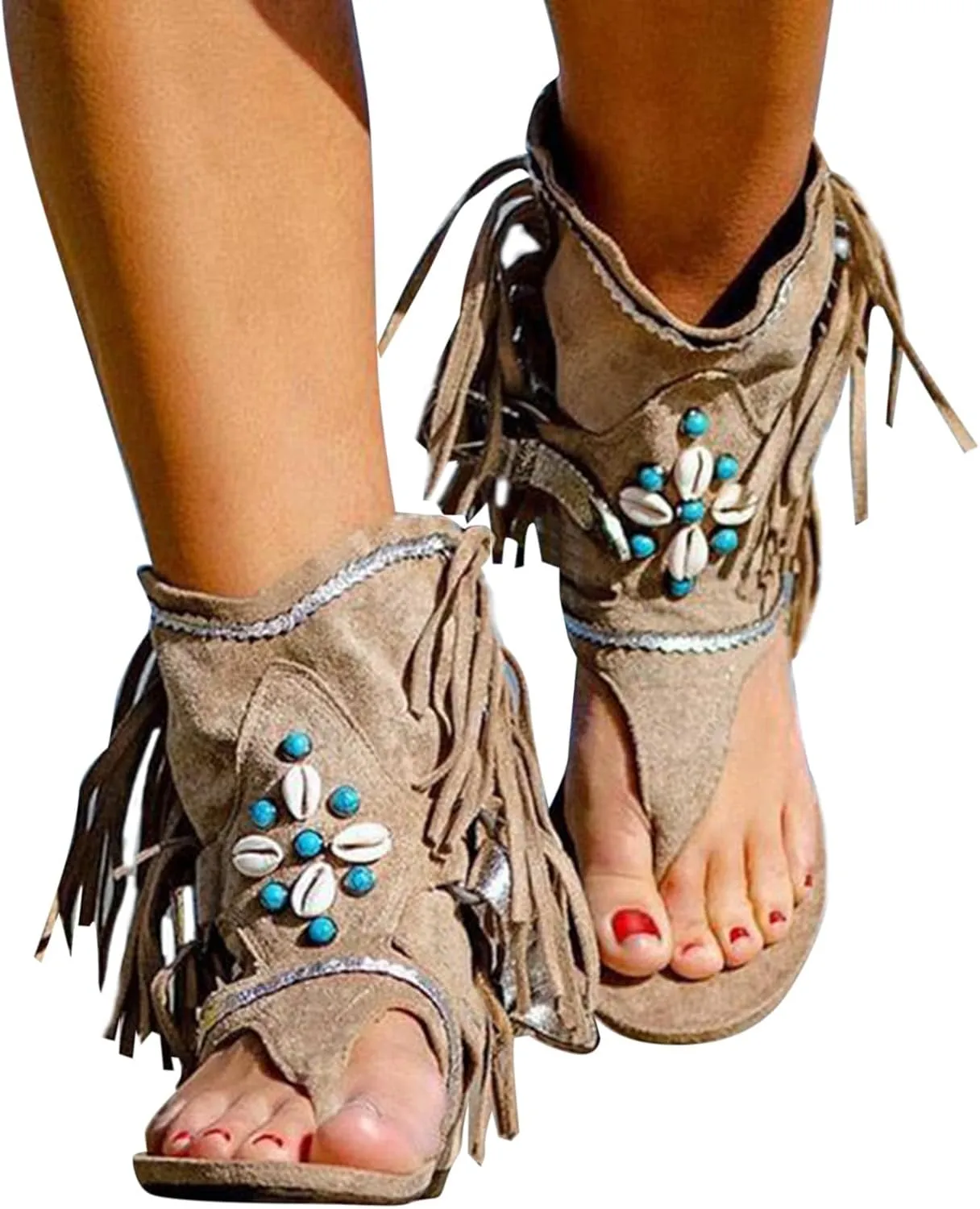 Boho Sandals for Women Flat Vintage Fringe Tassel Clip Toe Flip Flops Beaded Beach Shoes Ladies Casual Boots