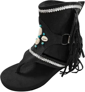 Boho Sandals for Women Flat Vintage Fringe Tassel Clip Toe Flip Flops Beaded Beach Shoes Ladies Casual Boots