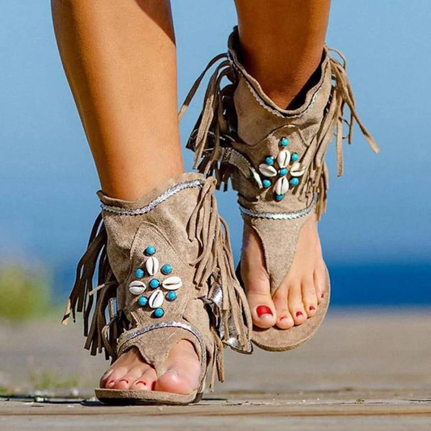 Boho Sandals for Women Flat Vintage Fringe Tassel Clip Toe Flip Flops Beaded Beach Shoes Ladies Casual Boots