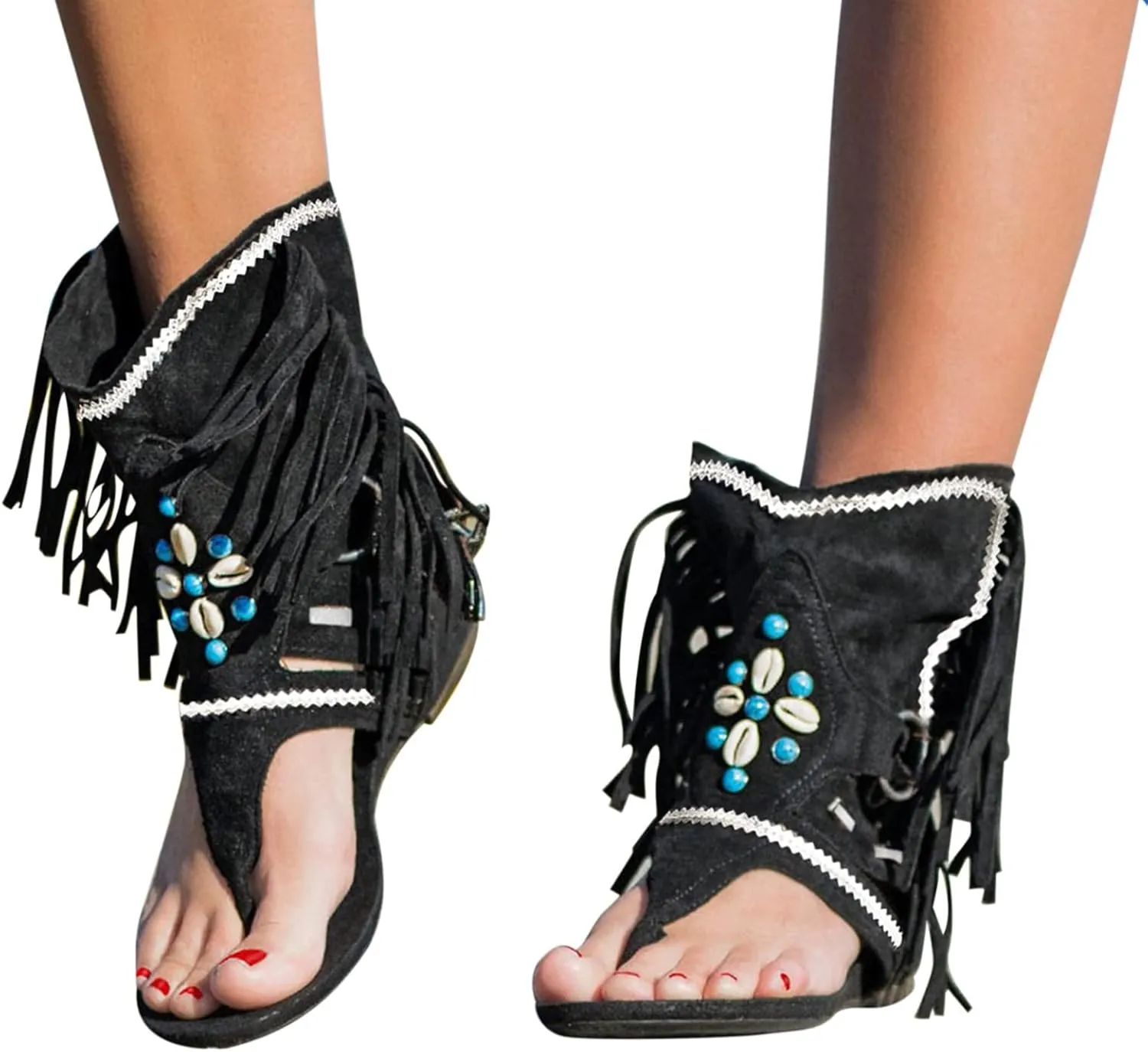 Boho Sandals for Women Flat Vintage Fringe Tassel Clip Toe Flip Flops Beaded Beach Shoes Ladies Casual Boots