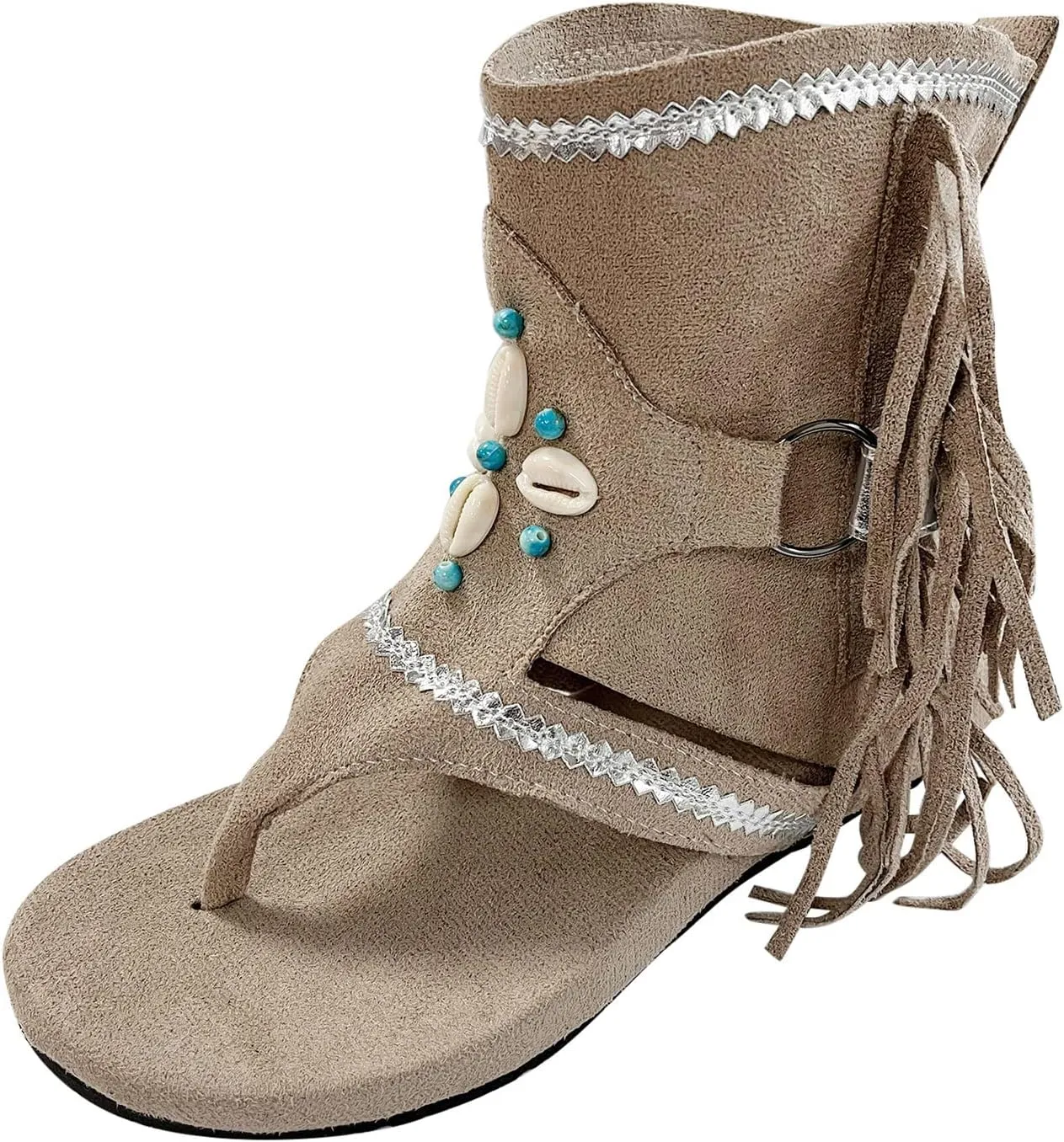 Boho Sandals for Women Flat Vintage Fringe Tassel Clip Toe Flip Flops Beaded Beach Shoes Ladies Casual Boots