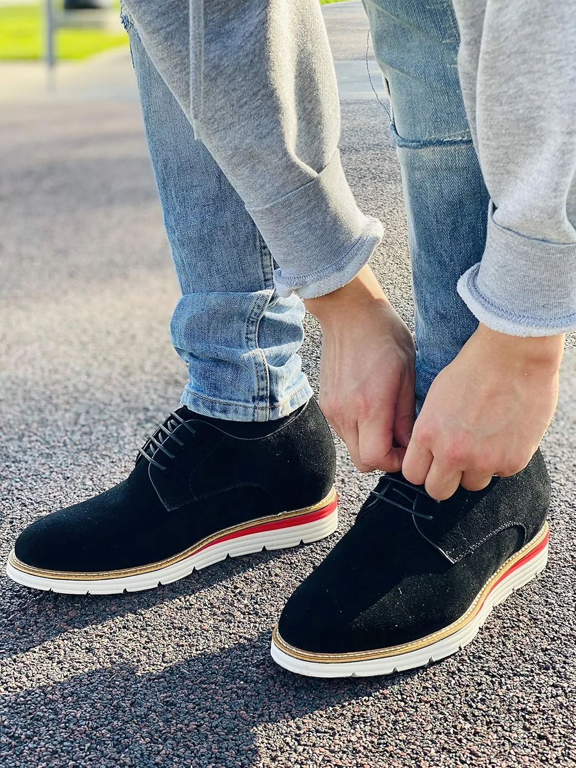 CALTO Men's Invisible Height Increasing Elevator Shoes - Black Nubuck Leather Lace-up Casual Derby - 3.2 Inches Taller - Y4222 - Size 12 D(M) US