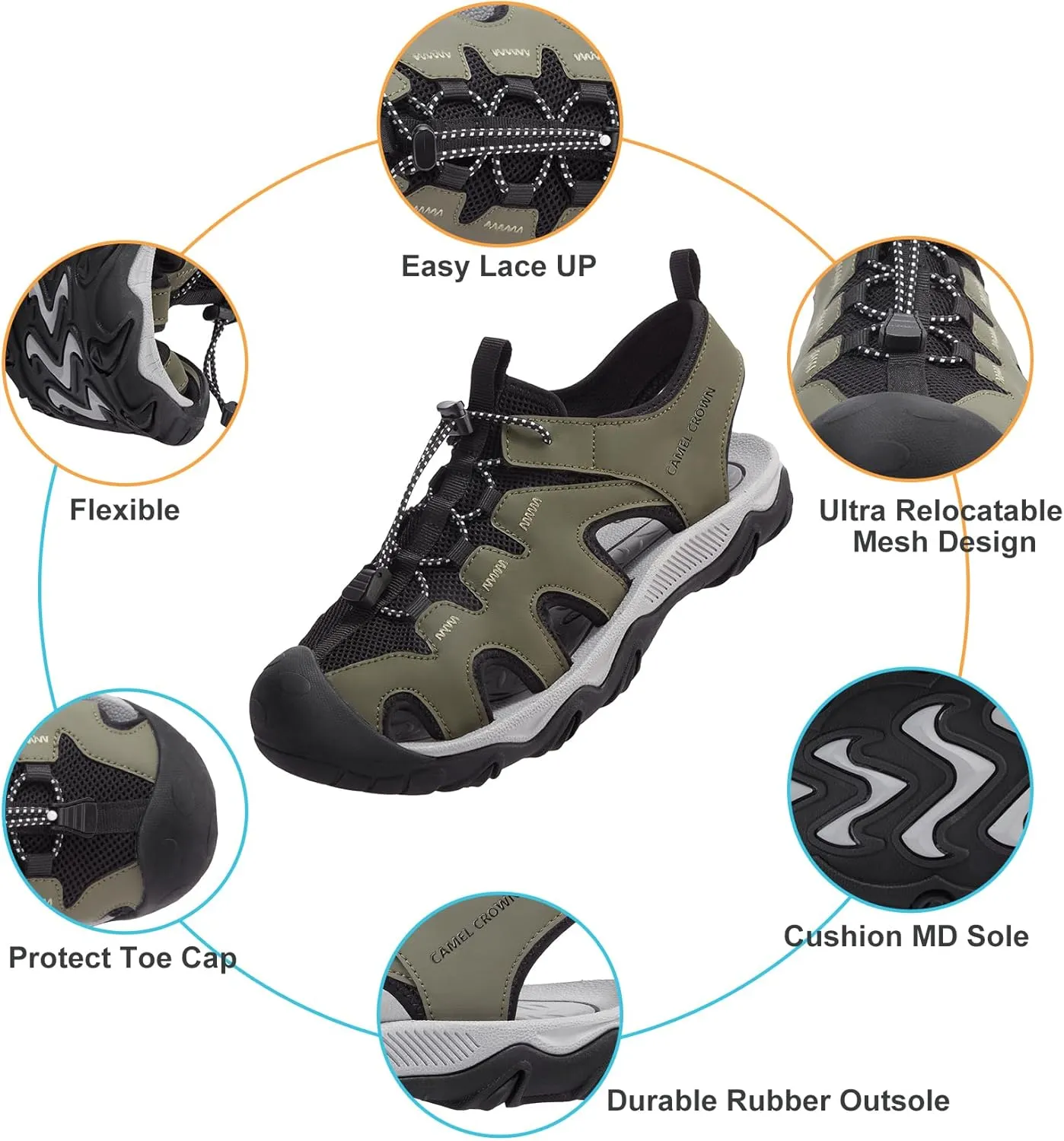 CAMEL CROWN Men's Hiking Sandals Anti-Slipping Athletic Water Shoes with Arch Support Closed Toe Outdoor Summer Camping Sandal for Beach