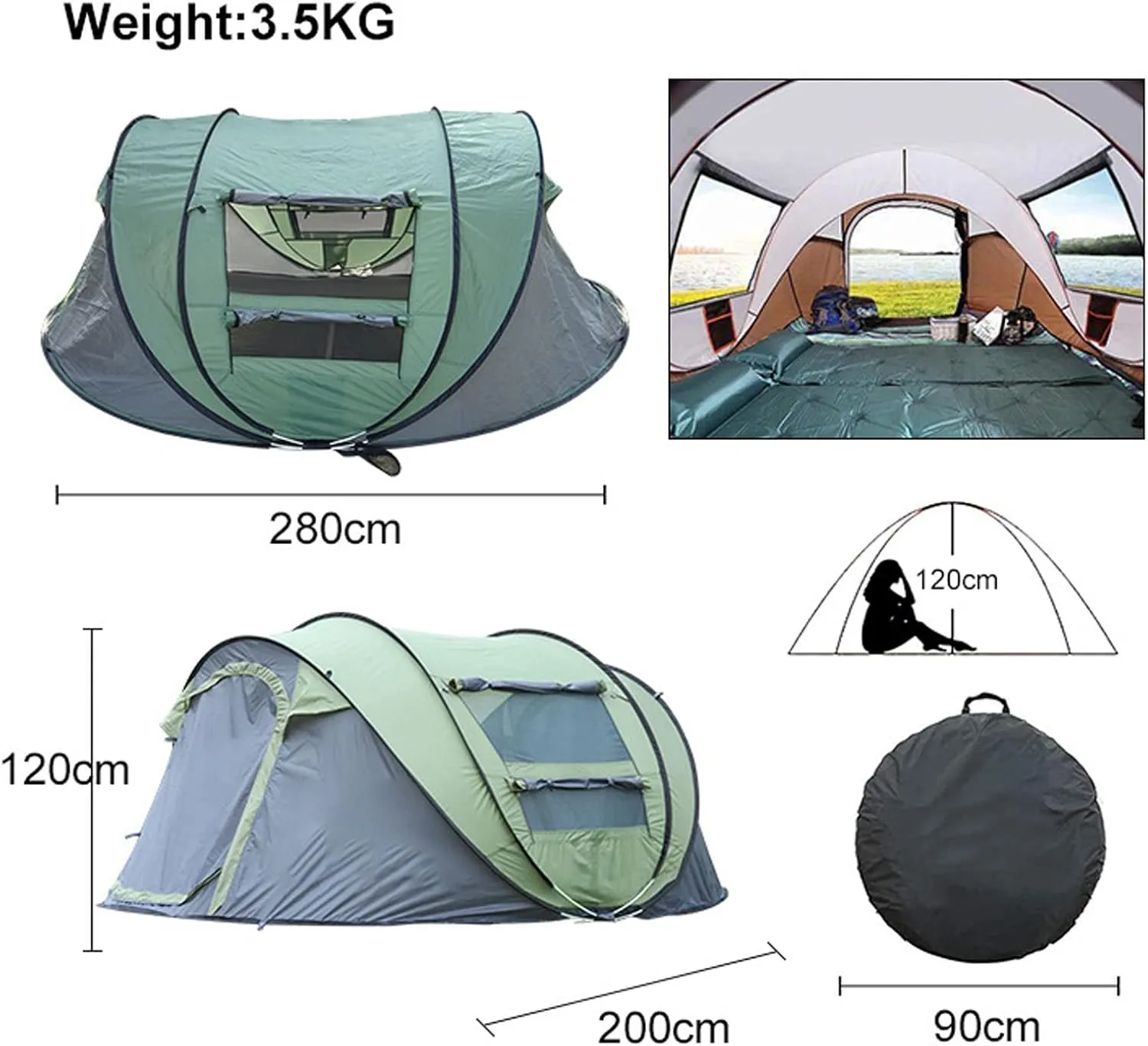 Camping Tent 5-8 People Fully Automatic Camping Tent Windproof Waterproof Automatic Pop-up Tent Family Outdoor Instant Setup Tent 4 Season (Color : Gr
