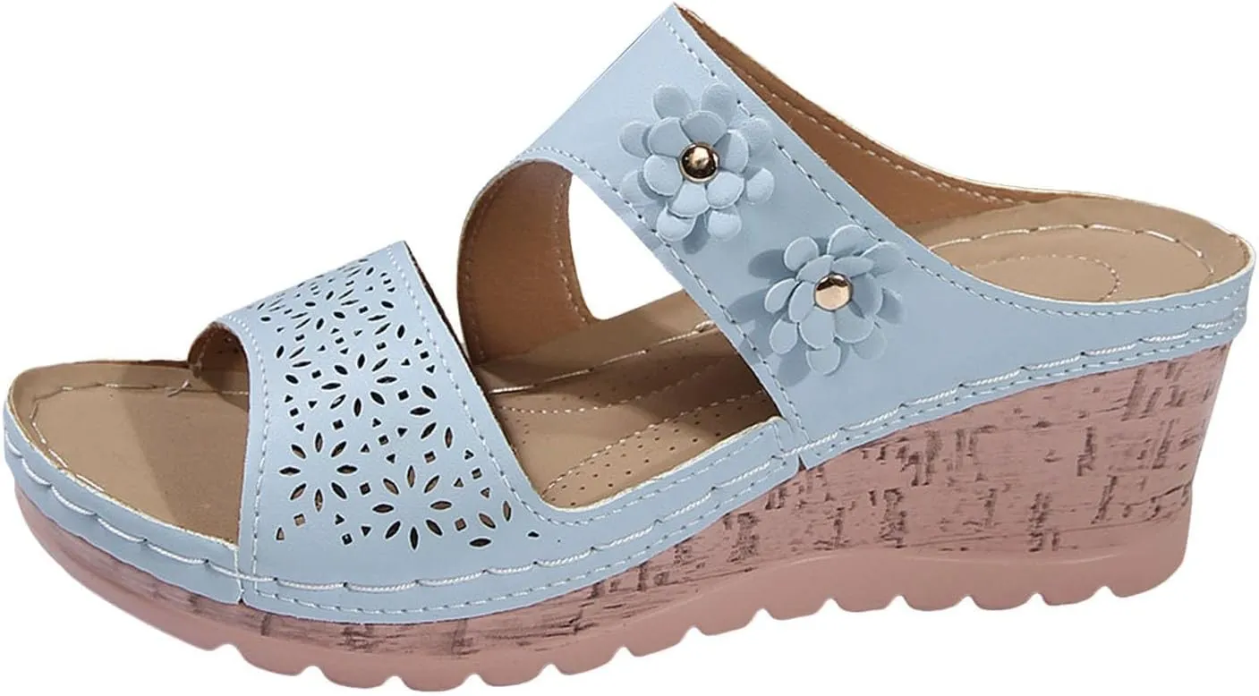 Casual Sandals for Women Comfortable Open Toe One Band Dressy Flats Sandals Summer Lightweight Ankle Strap Walking Shoes Fashion Hollow Out Slip On Chunky Heel Slippers