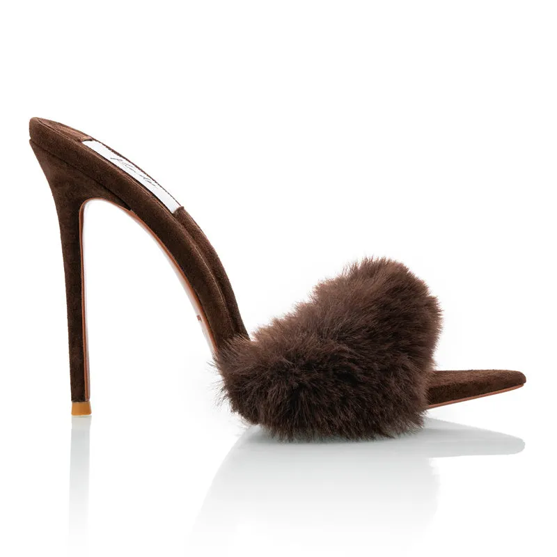 CHOCOLATE SUEDE MINK MULES