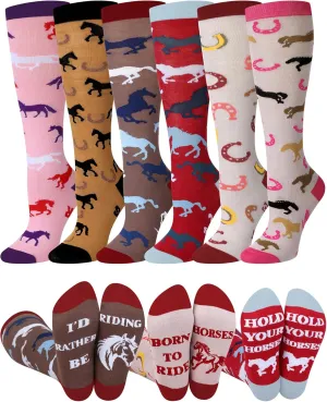 Chuarry 6 Pairs Funny Equestrian Socks for Women Knee High Horse Riding Novelty Western Boot Socks for Horse Lover Gifts Equestrians Cow Derby Party Favors