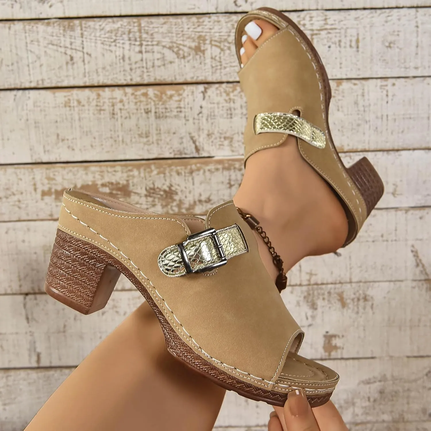 Chunky Sandals for Women 2025 Casual Thick Sole Orthopedic Sandals Peep Toe Slip On Sandal Strap Buckle Backless Clogs Shoes Walking Comfortable Dressy Beach Wedge Sandal