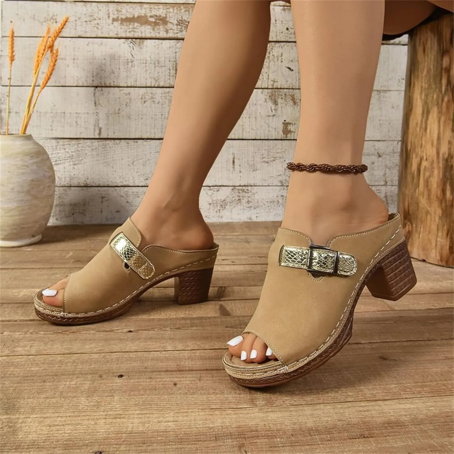 Chunky Sandals for Women 2025 Casual Thick Sole Orthopedic Sandals Peep Toe Slip On Sandal Strap Buckle Backless Clogs Shoes Walking Comfortable Dressy Beach Wedge Sandal