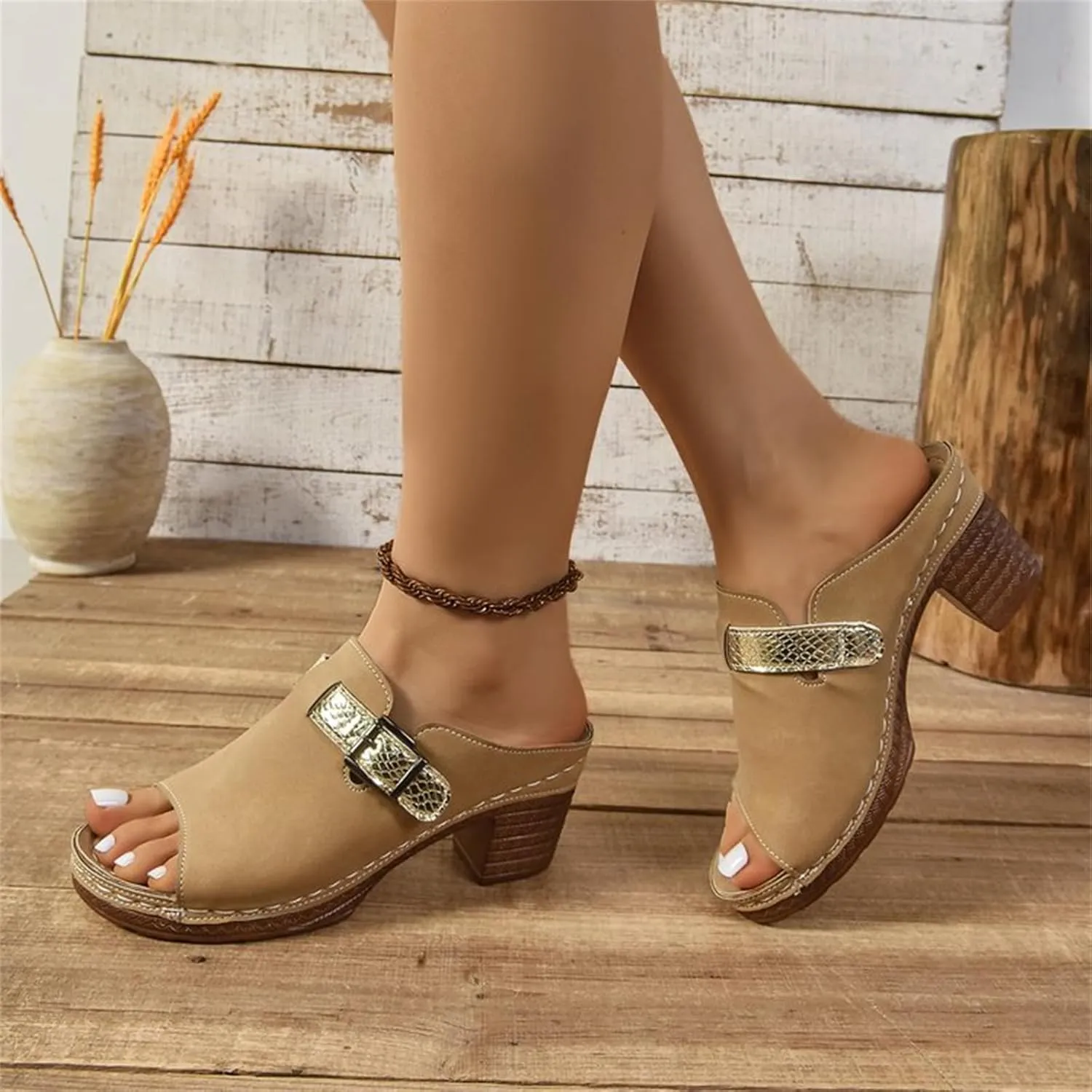 Chunky Sandals for Women 2025 Casual Thick Sole Orthopedic Sandals Peep Toe Slip On Sandal Strap Buckle Backless Clogs Shoes Walking Comfortable Dressy Beach Wedge Sandal