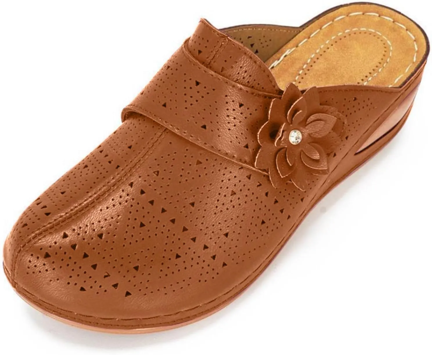 Clogs for Women Mules Slip on Closed Toe Sandals Summer Dressy Comfortable Walking Wedge Clogs, Hollow Out Breathable Flower Buckle Sandals Arch Support Orthopedic Slippers Backless Low Wedge Shoes