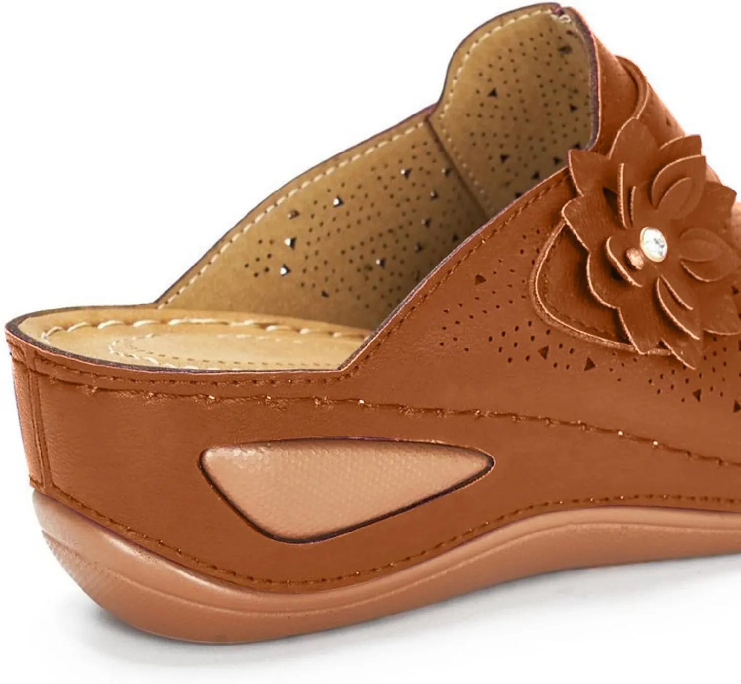 Clogs for Women Mules Slip on Closed Toe Sandals Summer Dressy Comfortable Walking Wedge Clogs, Hollow Out Breathable Flower Buckle Sandals Arch Support Orthopedic Slippers Backless Low Wedge Shoes