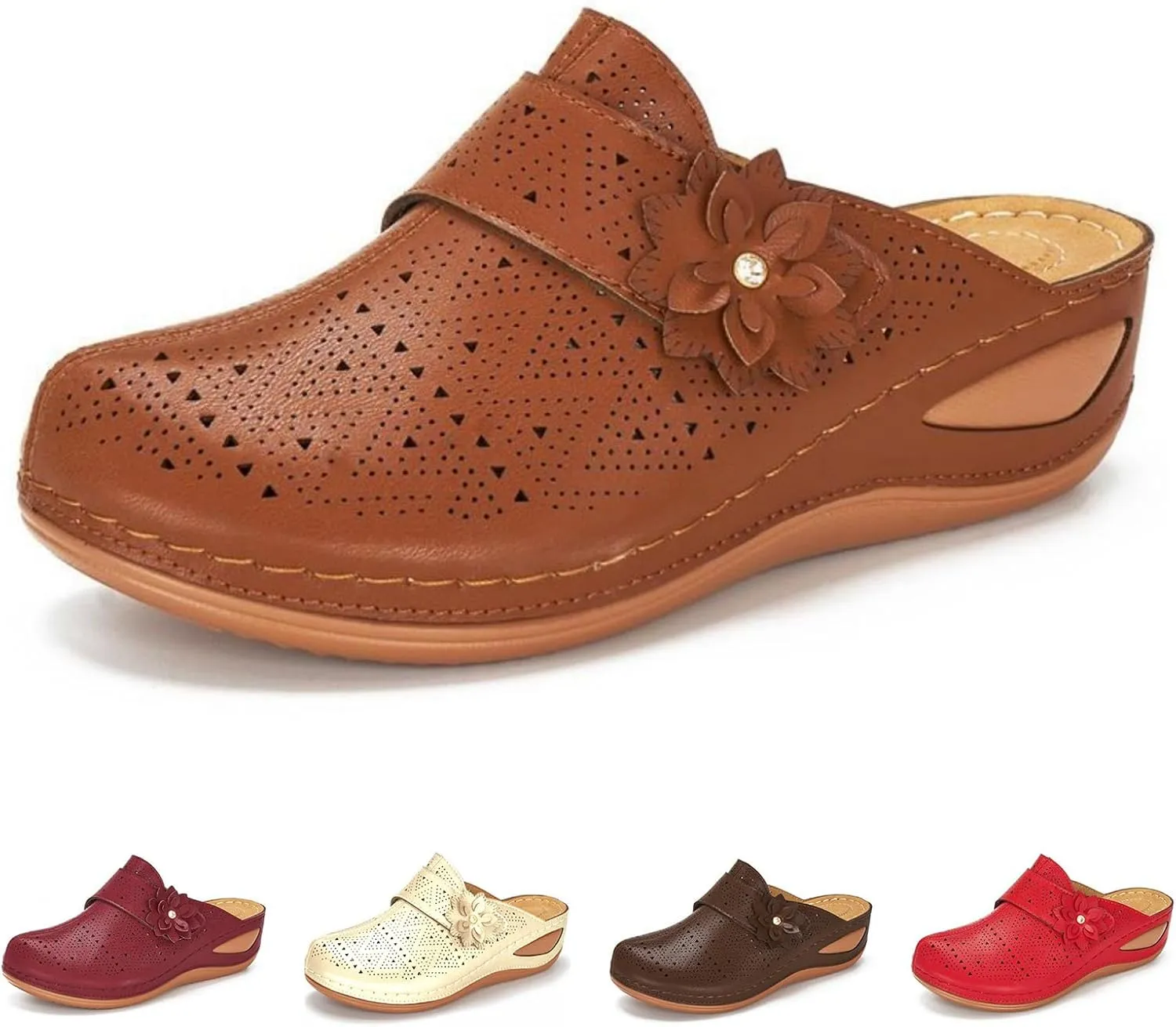 Clogs for Women Mules Slip on Closed Toe Sandals Summer Dressy Comfortable Walking Wedge Clogs, Hollow Out Breathable Flower Buckle Sandals Arch Support Orthopedic Slippers Backless Low Wedge Shoes
