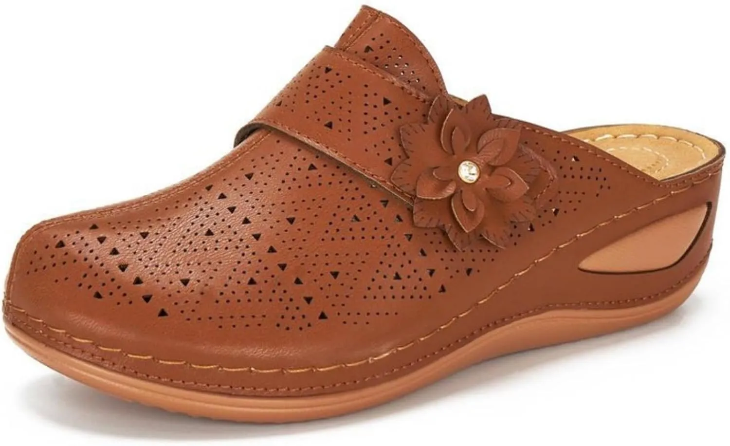 Clogs for Women Mules Slip on Closed Toe Sandals Summer Dressy Comfortable Walking Wedge Clogs, Hollow Out Breathable Flower Buckle Sandals Arch Support Orthopedic Slippers Backless Low Wedge Shoes