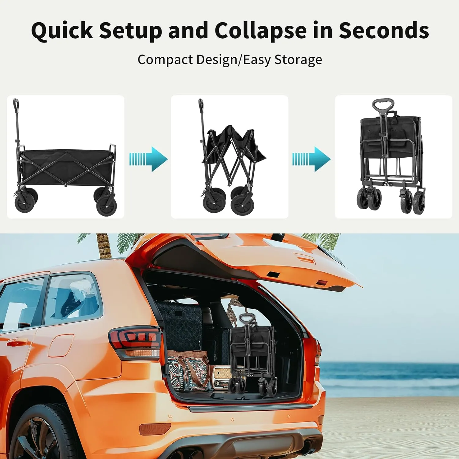 Collapsible Wagon Cart Foldable, 35" L Folding Beach Wagon with All-Terrain Wheels, Heavy Duty Shopping Cart with 350lbs Large Capacity, Portable Camping Wagons Carts for Grocery Garden, Black