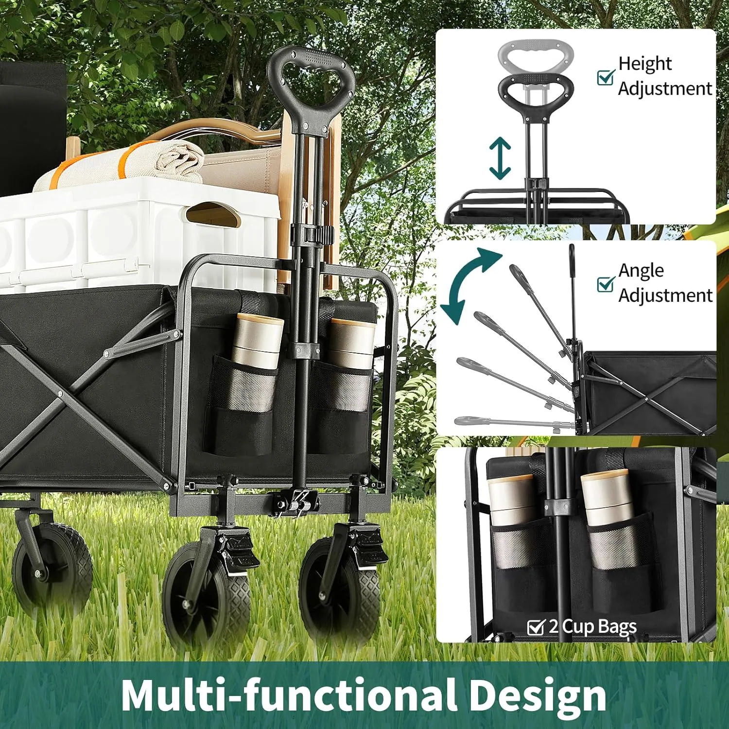 Collapsible Wagon Cart Foldable, 35" L Folding Beach Wagon with All-Terrain Wheels, Heavy Duty Shopping Cart with 350lbs Large Capacity, Portable Camping Wagons Carts for Grocery Garden, Black