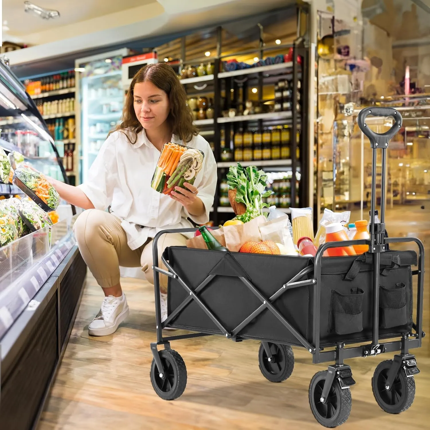 Collapsible Wagon Cart Foldable, 35" L Folding Beach Wagon with All-Terrain Wheels, Heavy Duty Shopping Cart with 350lbs Large Capacity, Portable Camping Wagons Carts for Grocery Garden, Black