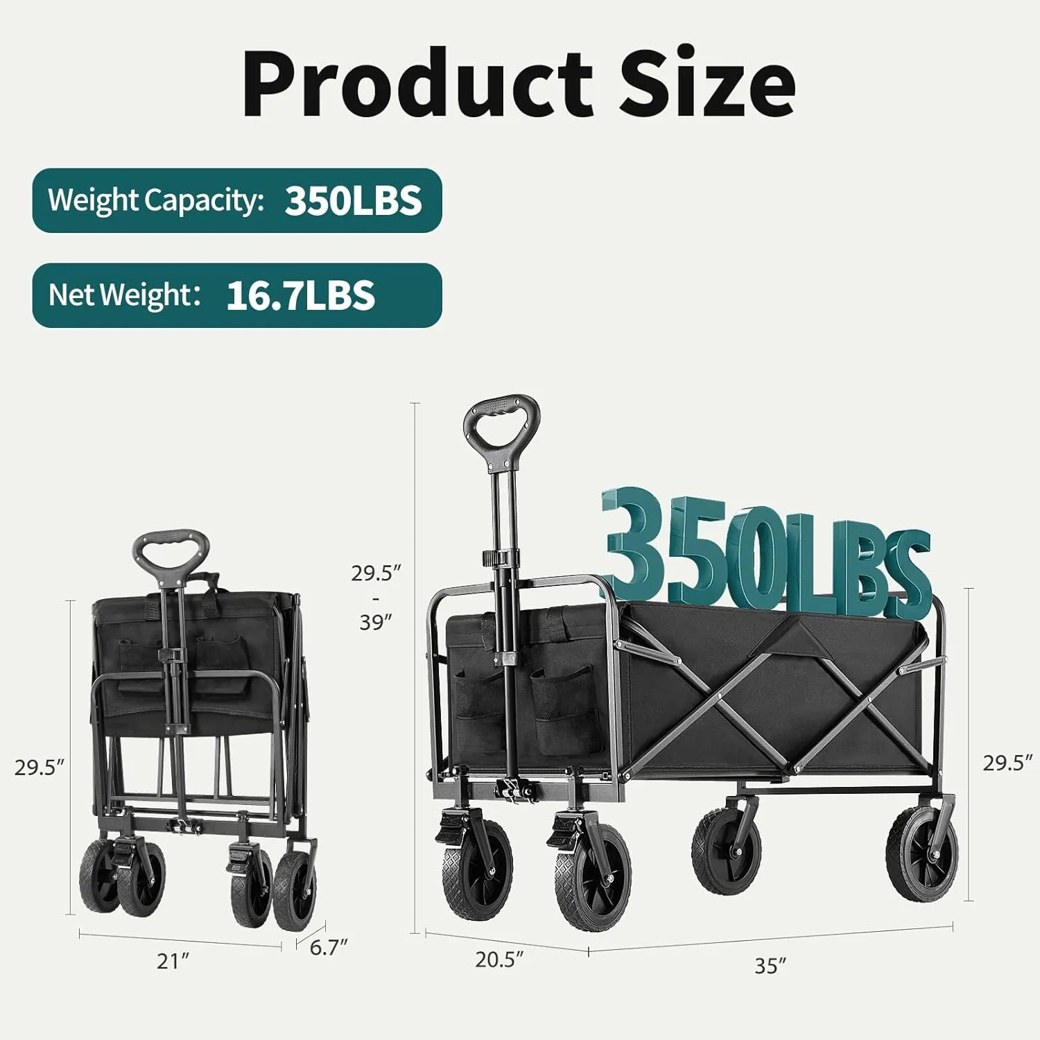 Collapsible Wagon Cart Foldable, 35" L Folding Beach Wagon with All-Terrain Wheels, Heavy Duty Shopping Cart with 350lbs Large Capacity, Portable Camping Wagons Carts for Grocery Garden, Black