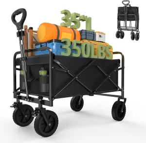 Collapsible Wagon Cart Foldable, 35" L Folding Beach Wagon with All-Terrain Wheels, Heavy Duty Shopping Cart with 350lbs Large Capacity, Portable Camping Wagons Carts for Grocery Garden, Black