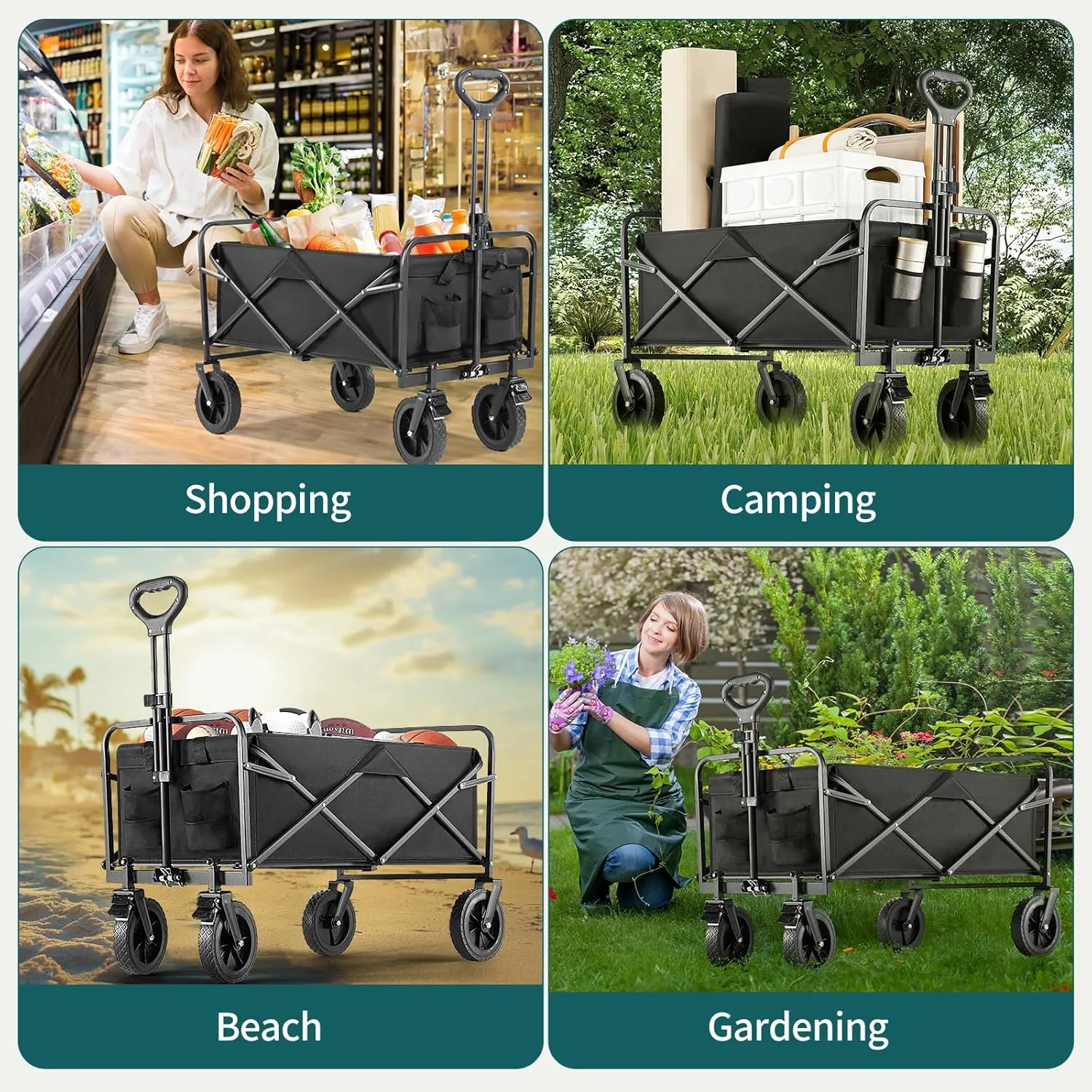 Collapsible Wagon Cart Foldable, 35" L Folding Beach Wagon with All-Terrain Wheels, Heavy Duty Shopping Cart with 350lbs Large Capacity, Portable Camping Wagons Carts for Grocery Garden, Black